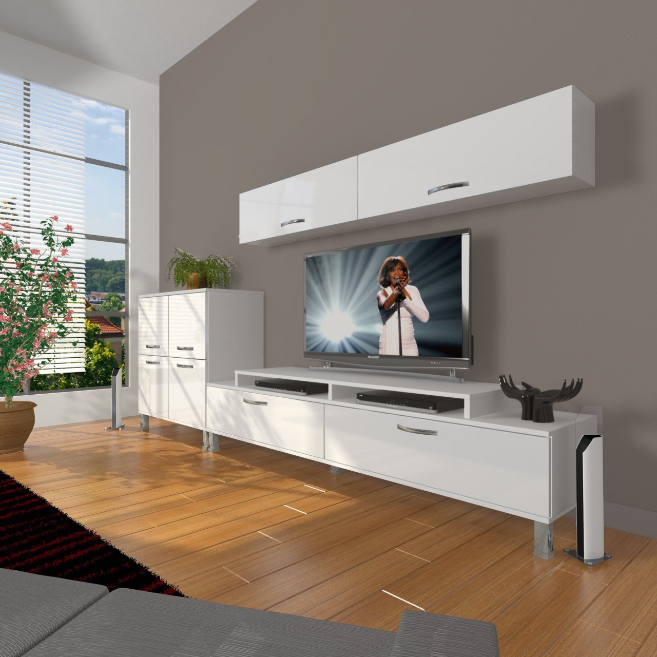 Decoraktiv Ekoflex 6Y Slm Krom Ayaklı Tv Ünitesi Tv Sehpası Parlak Beyaz
