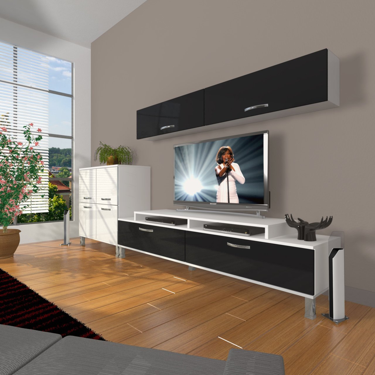 Decoraktiv Ekoflex 6Y Slm Krom Ayaklı Tv Ünitesi Tv Sehpası Beyaz - Siyah