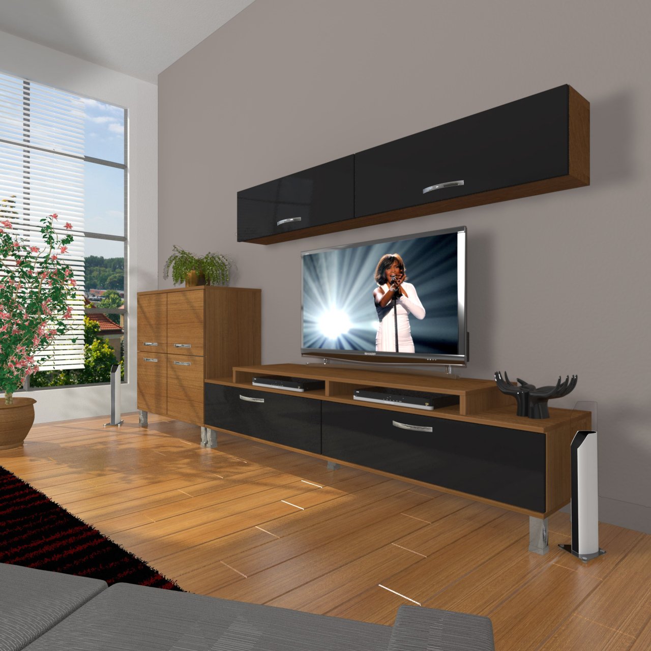 Decoraktiv Ekoflex 6Y Slm Krom Ayaklı Tv Ünitesi Tv Sehpası Ceviz - Siyah