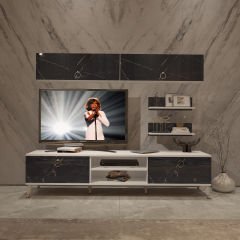 Decoraktiv Eko 5 Mdf Dvd Gold Tv Ünitesi Tv Sehpası Beyaz - Siyah Mermer