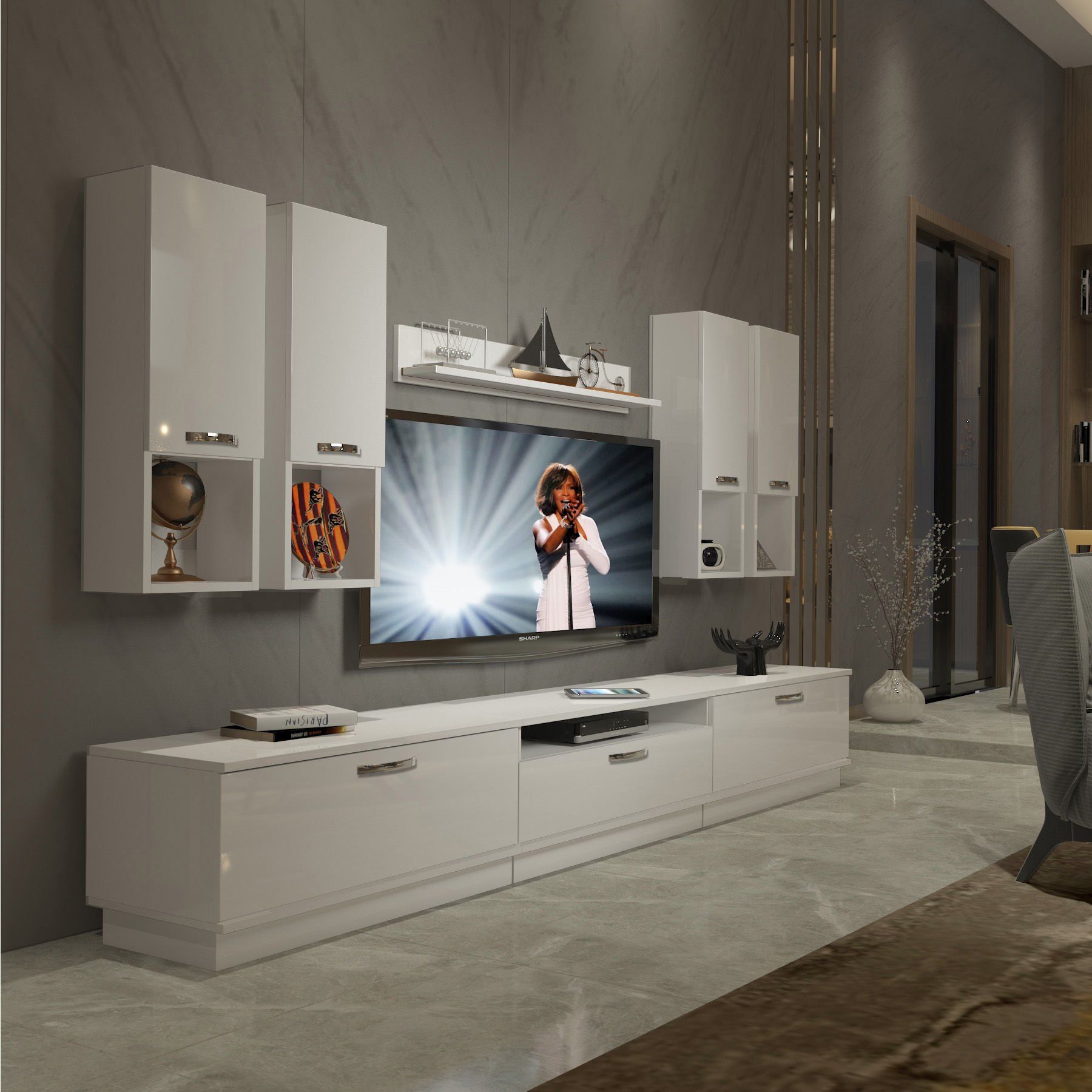 Decoraktiv Trendstyle 8DA Slm Tv Ünitesi Tv Sehpası Parlak Beyaz