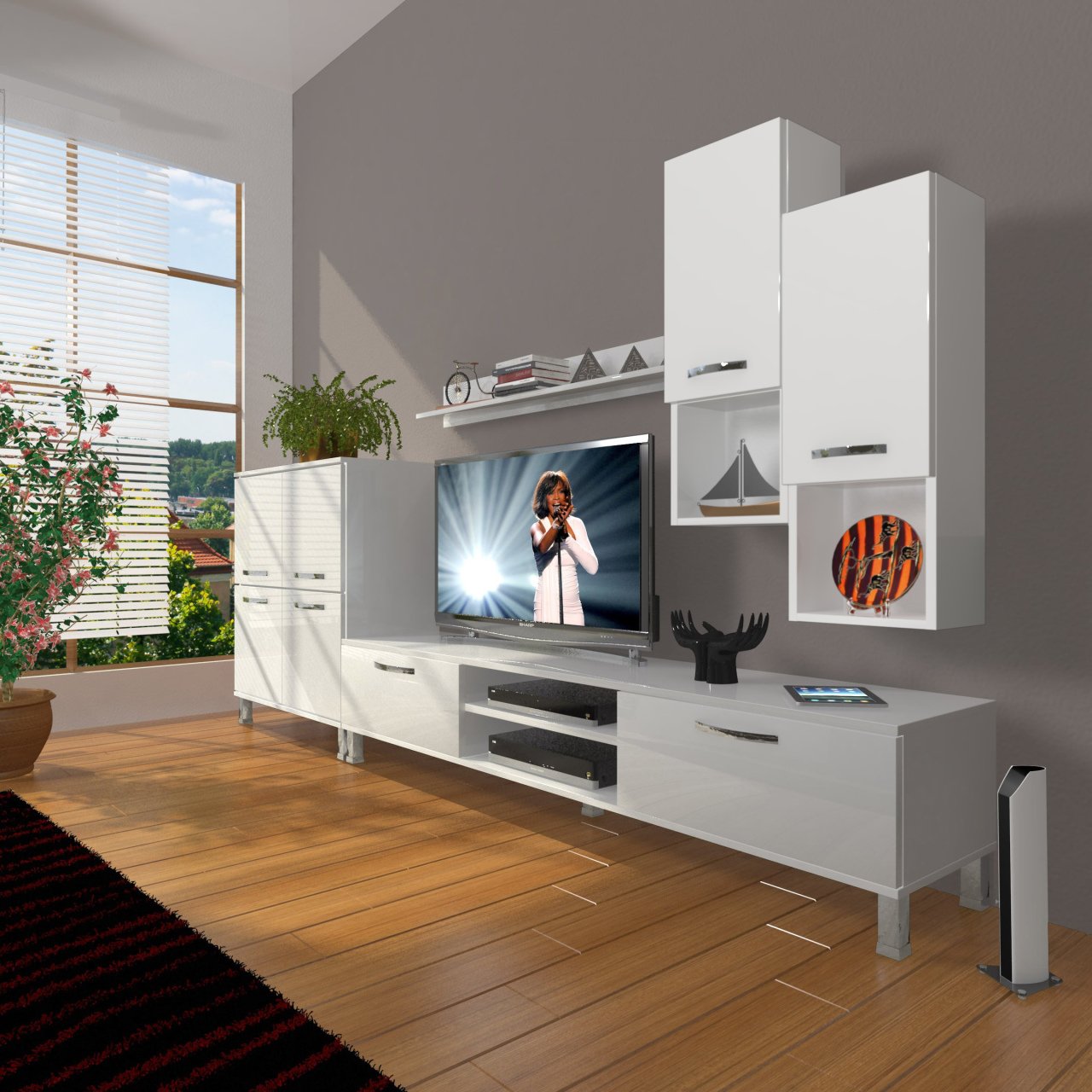Decoraktiv Eko 6DA Slm Dvd Krom Ayaklı Tv Ünitesi Tv Sehpası Parlak Beyaz