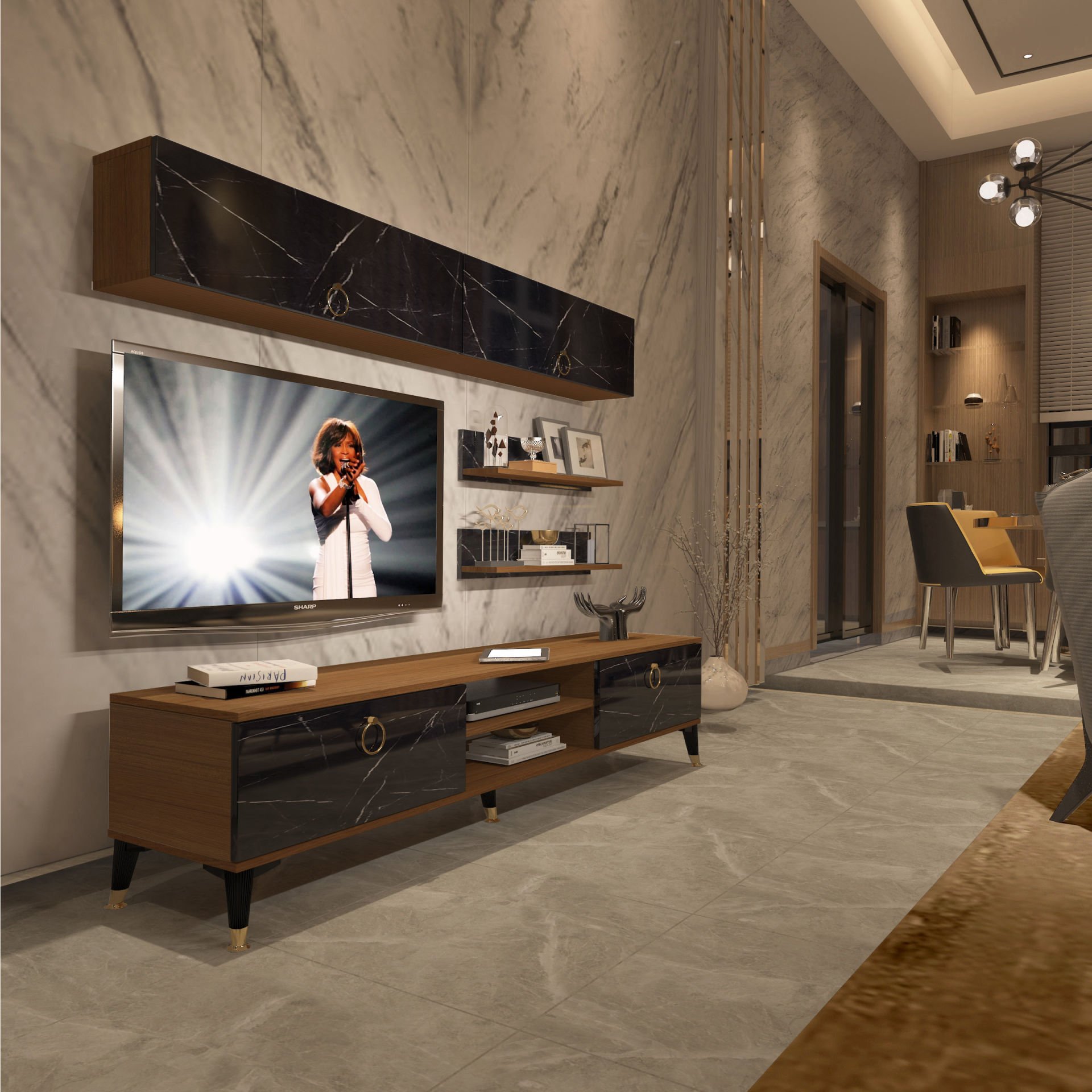 Decoraktiv Eko 5 Mdf Dvd Gold Tv Ünitesi Tv Sehpası Ceviz - Siyah Mermer
