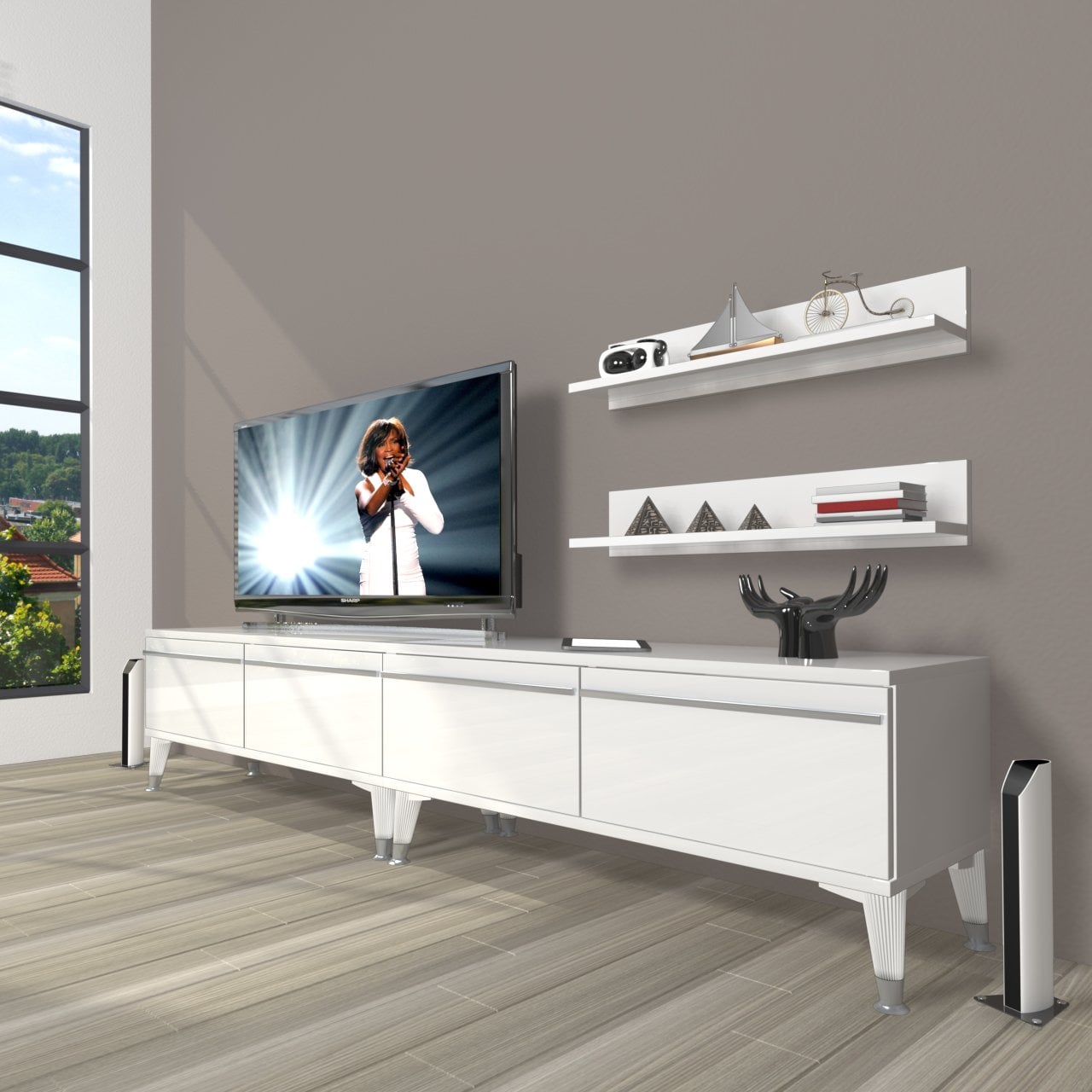 Decoraktiv Eko 220t Mdf Silver Tv Ünitesi Tv Sehpası Parlak Beyaz