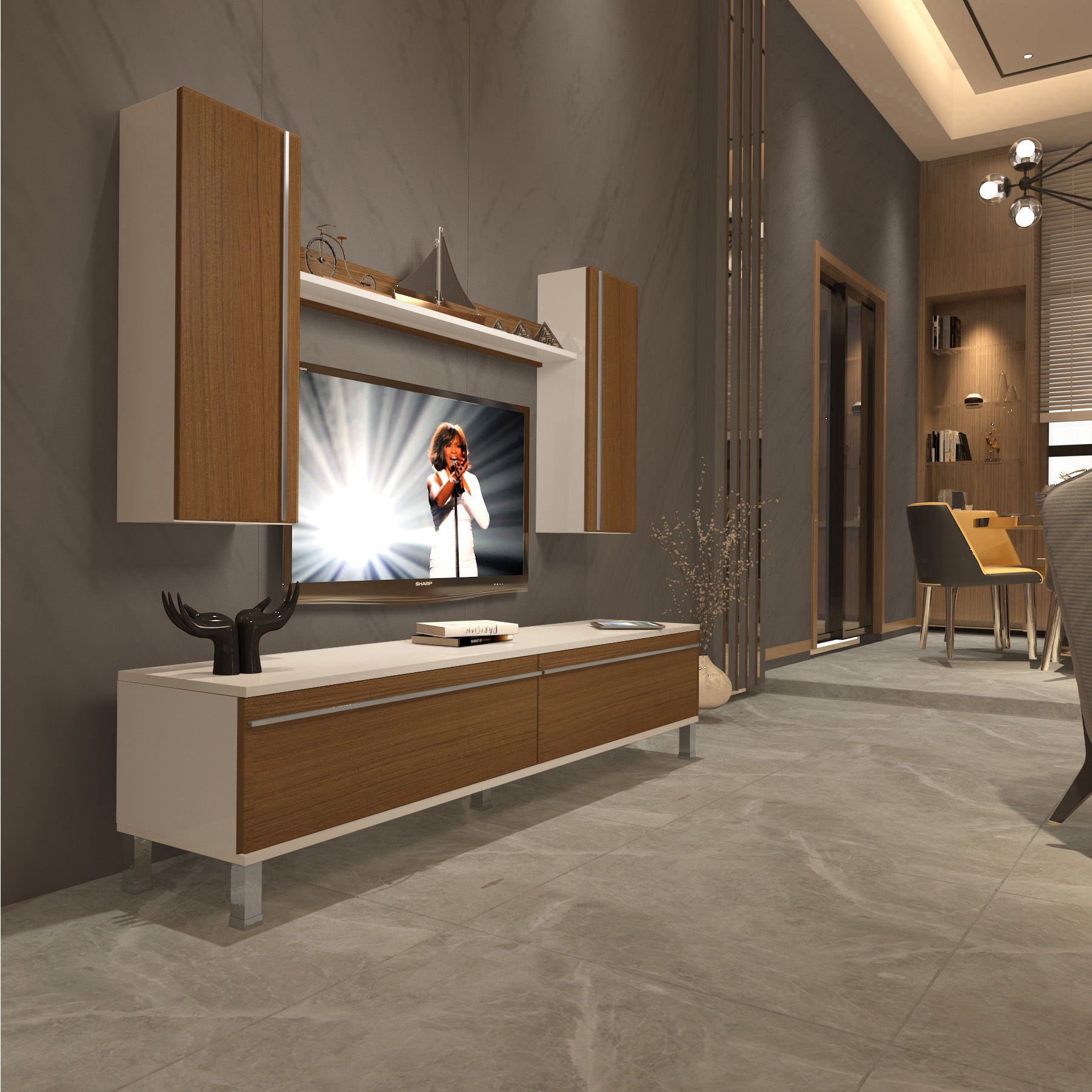Decoraktiv Eko 7 Mdf Std Krom Ayaklı Tv Ünitesi Tv Sehpası Beyaz - Ceviz