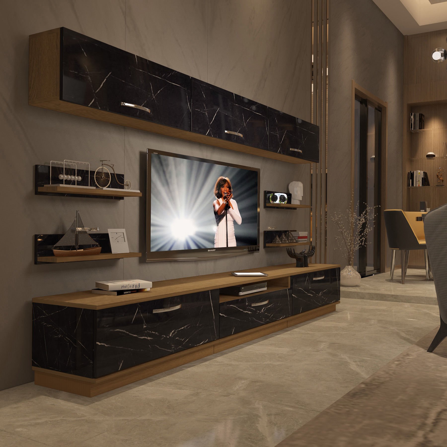 Decoraktiv Trendstyle 8Y Mdf Tv Ünitesi Tv Sehpası Pera - Siyah Mermer