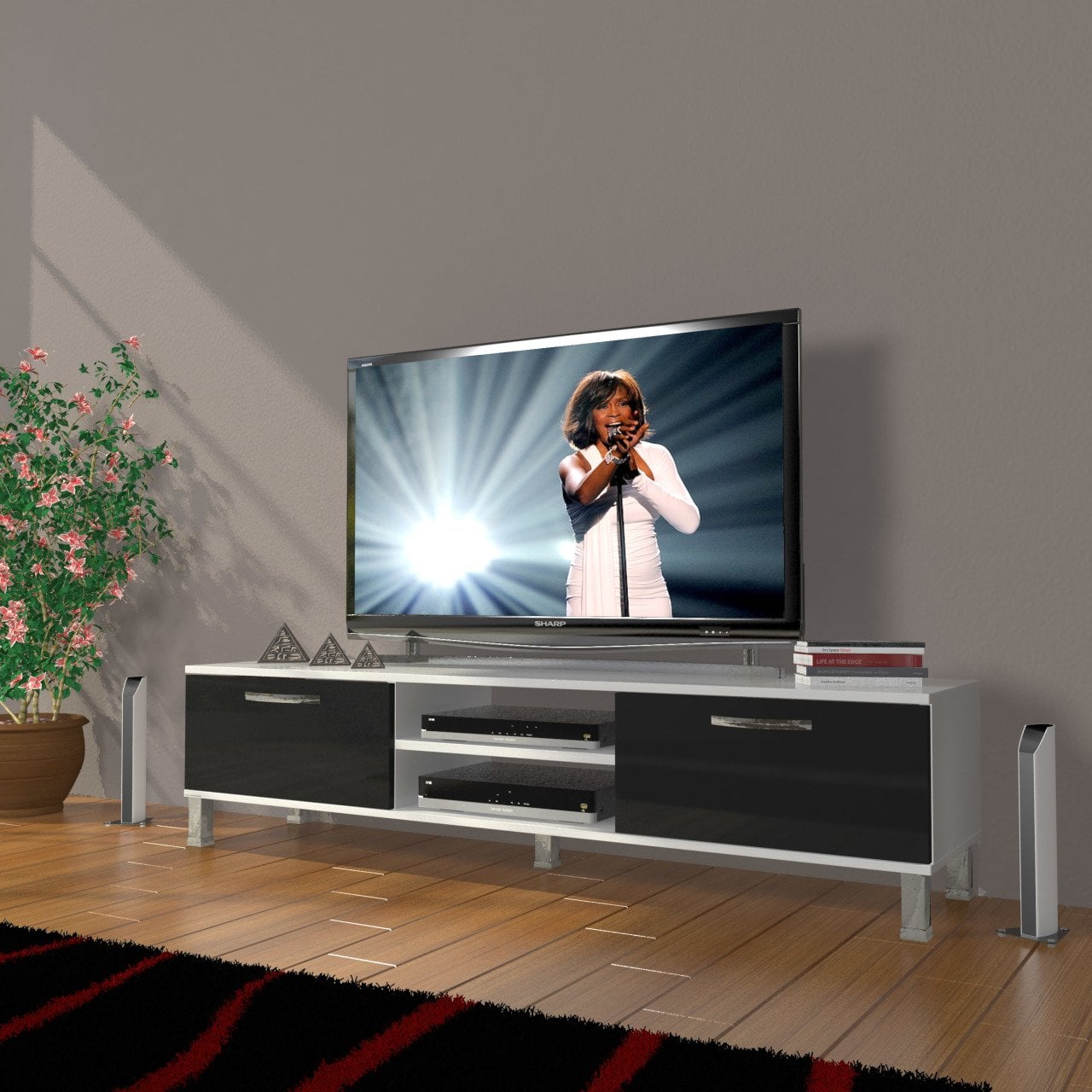 Decoraktiv Eko 140 Slm Dvd Krom Ayaklı Tv Ünitesi Tv Sehpası Beyaz - Siyah