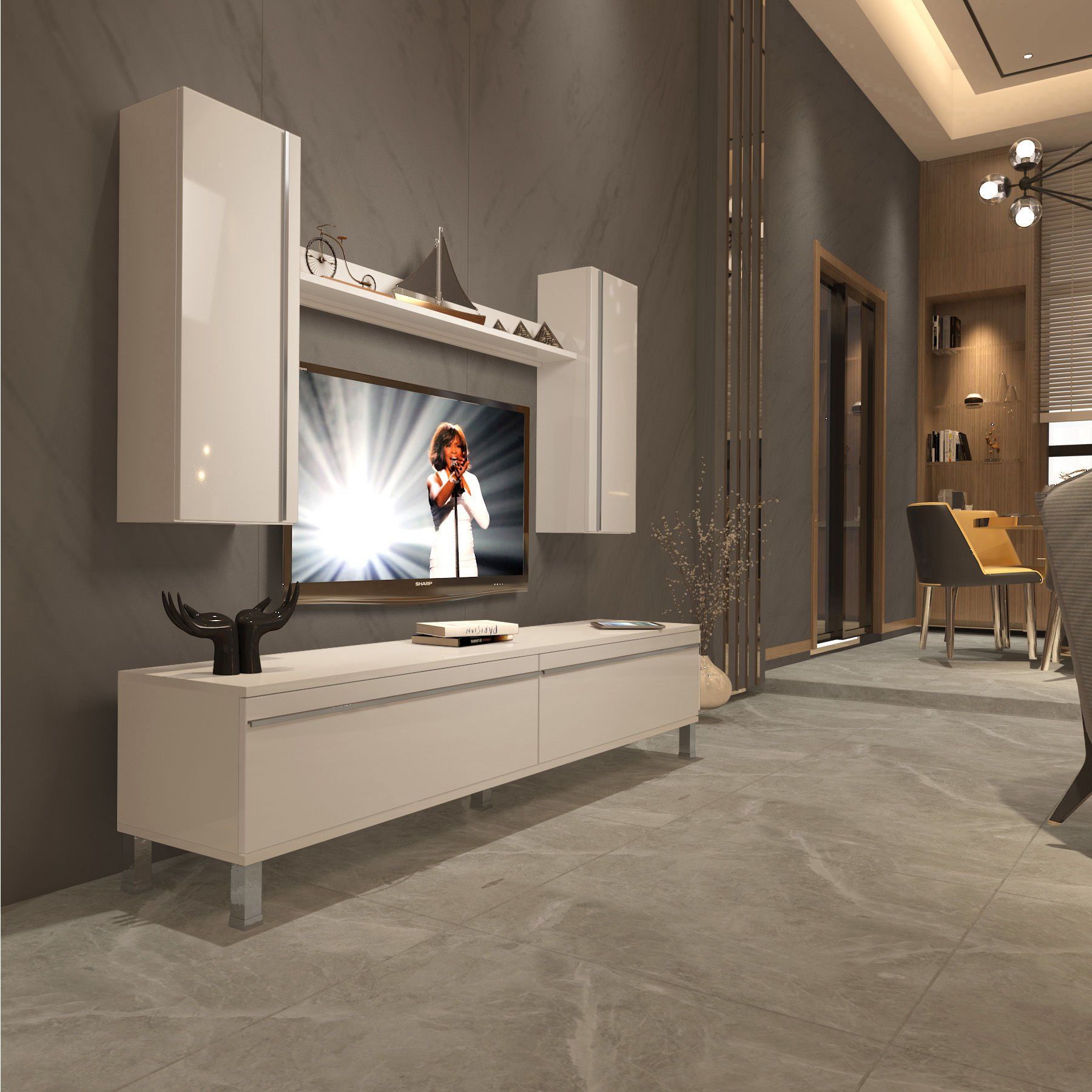 Decoraktiv Eko 7 Mdf Std Krom Ayaklı Tv Ünitesi Tv Sehpası Parlak Beyaz