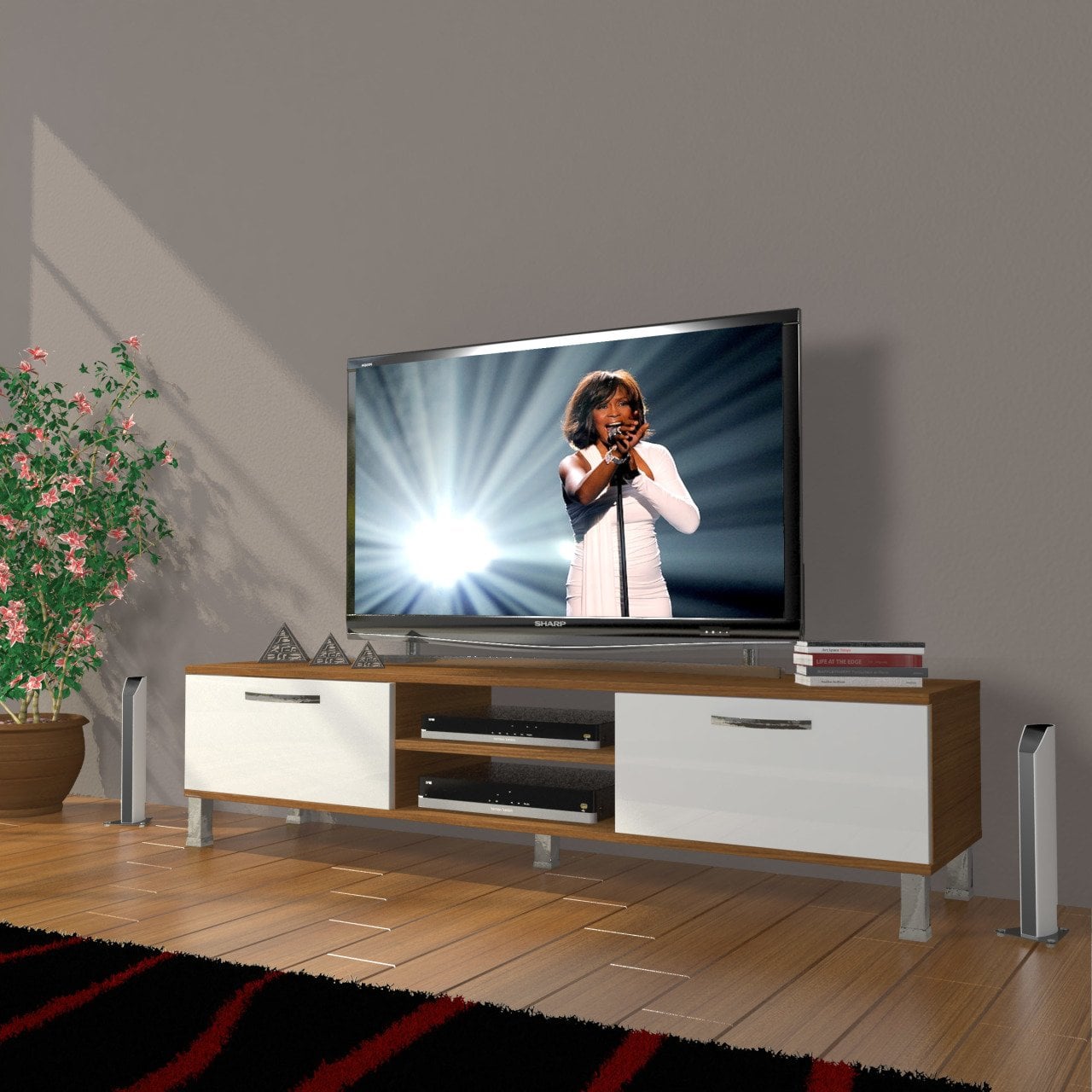 Decoraktiv Eko 140 Slm Dvd Krom Ayaklı Tv Ünitesi Tv Sehpası Ceviz - Beyaz