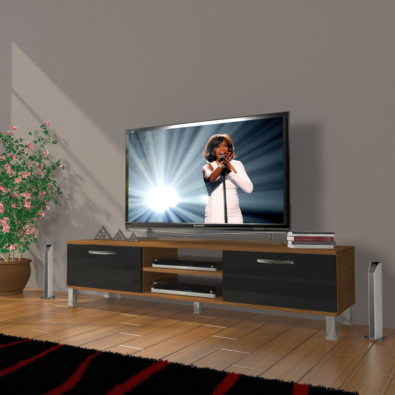 Decoraktiv Eko 140 Slm Dvd Krom Ayaklı Tv Ünitesi Tv Sehpası Ceviz - Siyah