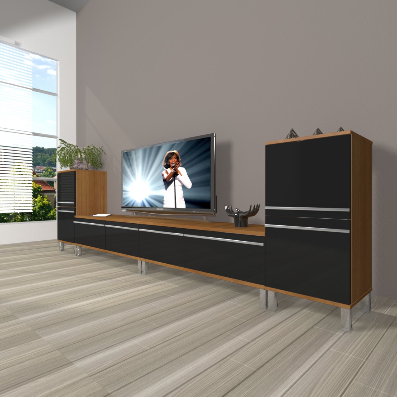 Decoraktiv Eko 9220T Mdf Krom Ayaklı Tv Ünitesi Tv Sehpası Ceviz - Siyah