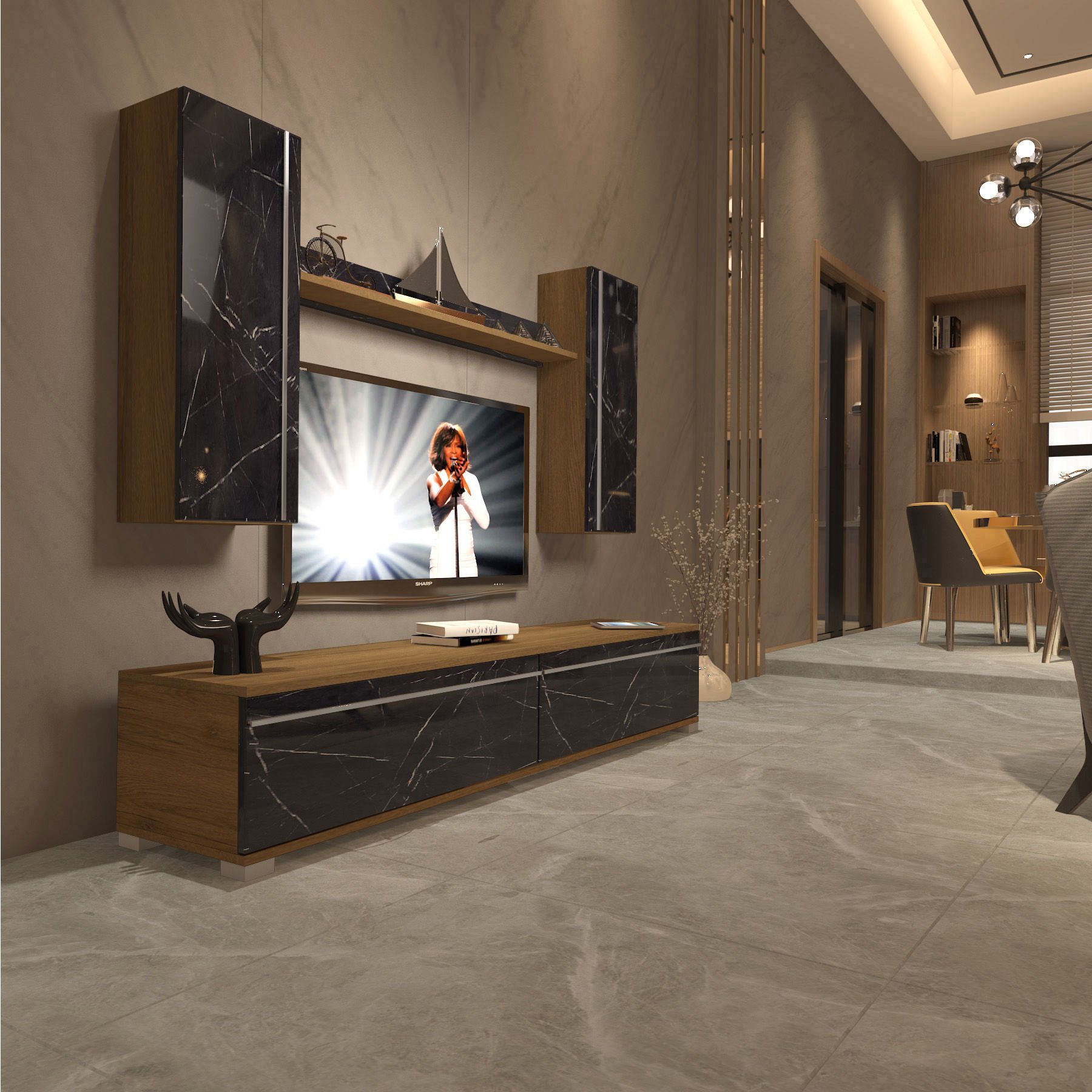 Decoraktiv Eko 5D Mdf Std Tv Ünitesi Tv Sehpası Pera - Siyah Mermer