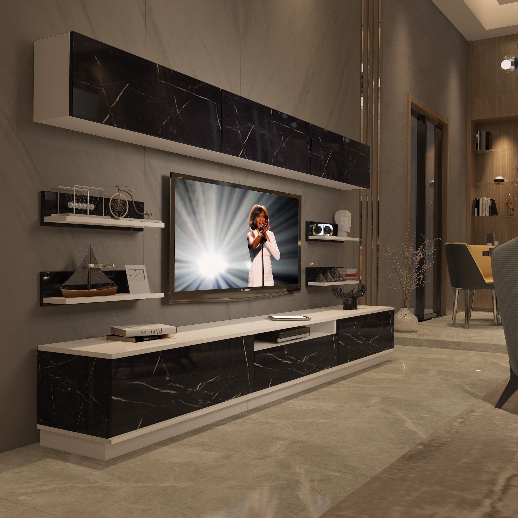 Decoraktiv Trendstyle 8YS Mdf Tv Ünitesi Tv Sehpası Beyaz - Siyah Mermer