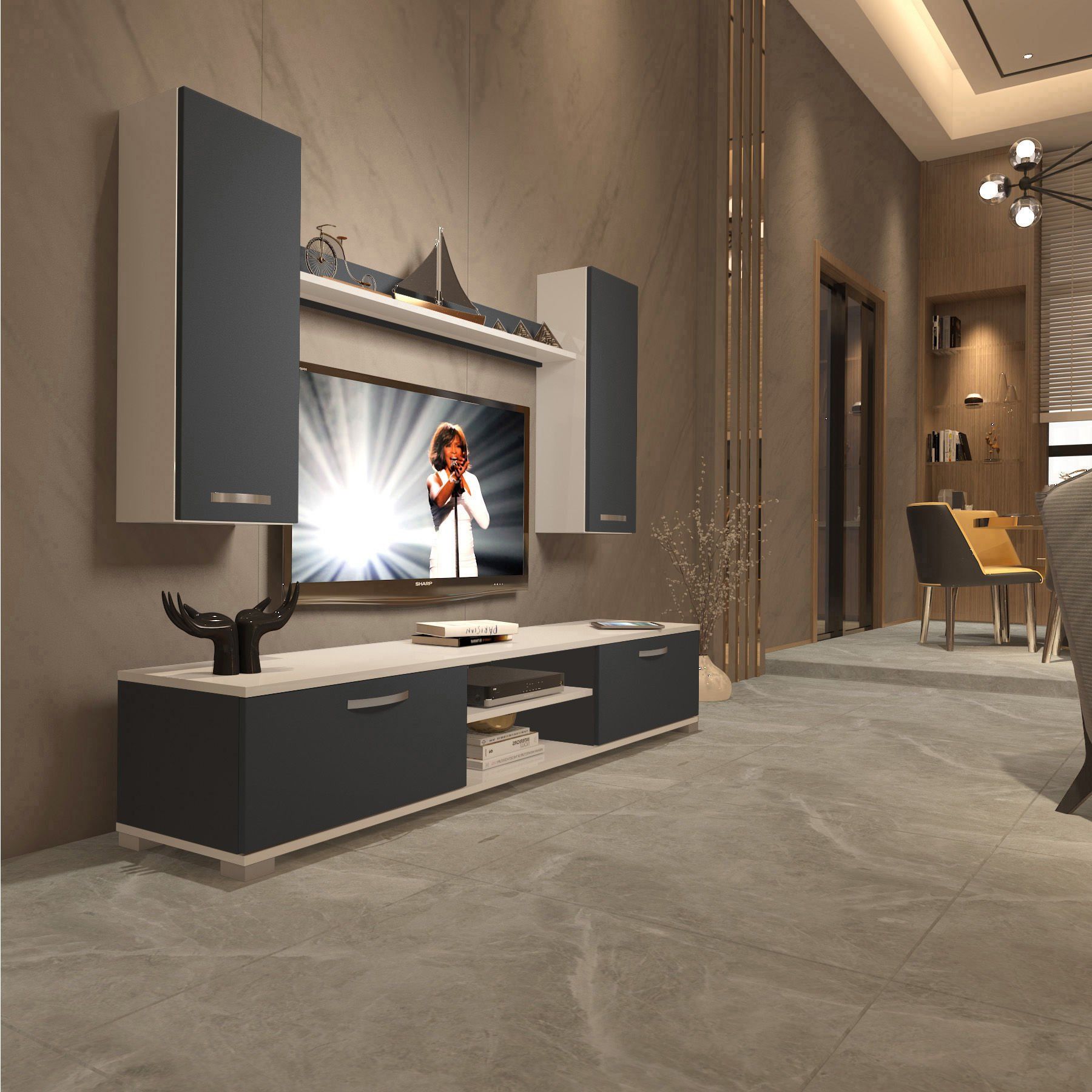 Decoraktiv Eko 7 Mdf Dvd Tv Ünitesi Tv Sehpası Beyaz - Antrasit