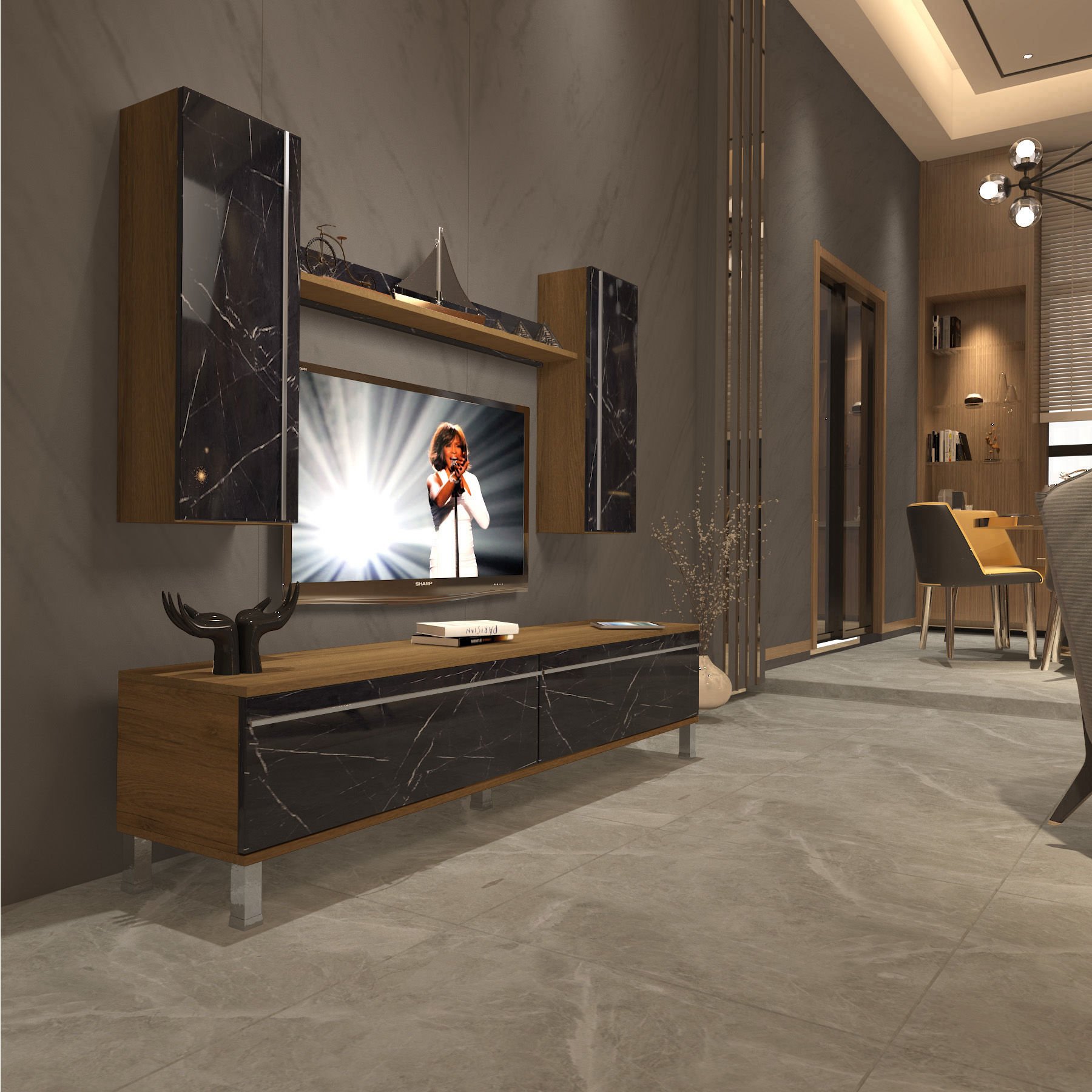 Decoraktiv Eko 5D Mdf Std Krom Ayaklı Tv Ünitesi Tv Sehpası Pera - Siyah Mermer