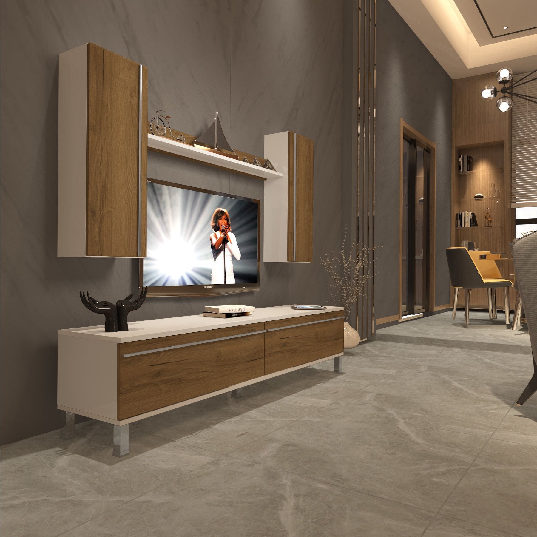 Decoraktiv Eko 5D Mdf Std Krom Ayaklı Tv Ünitesi Tv Sehpası Beyaz - Pera