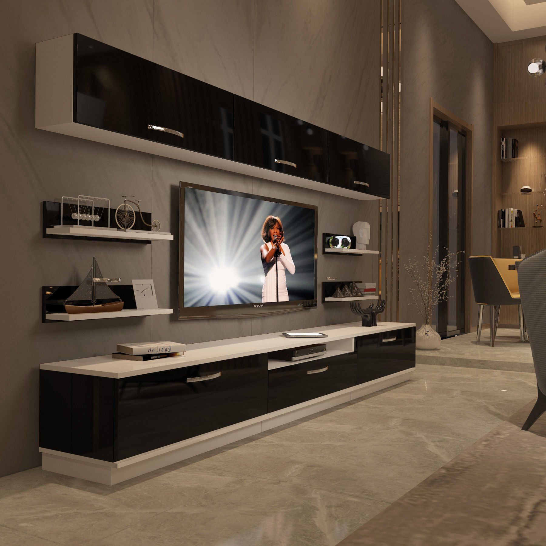 Decoraktiv Trendstyle 8Y Slm Tv Ünitesi Tv Sehpası Beyaz - Siyah