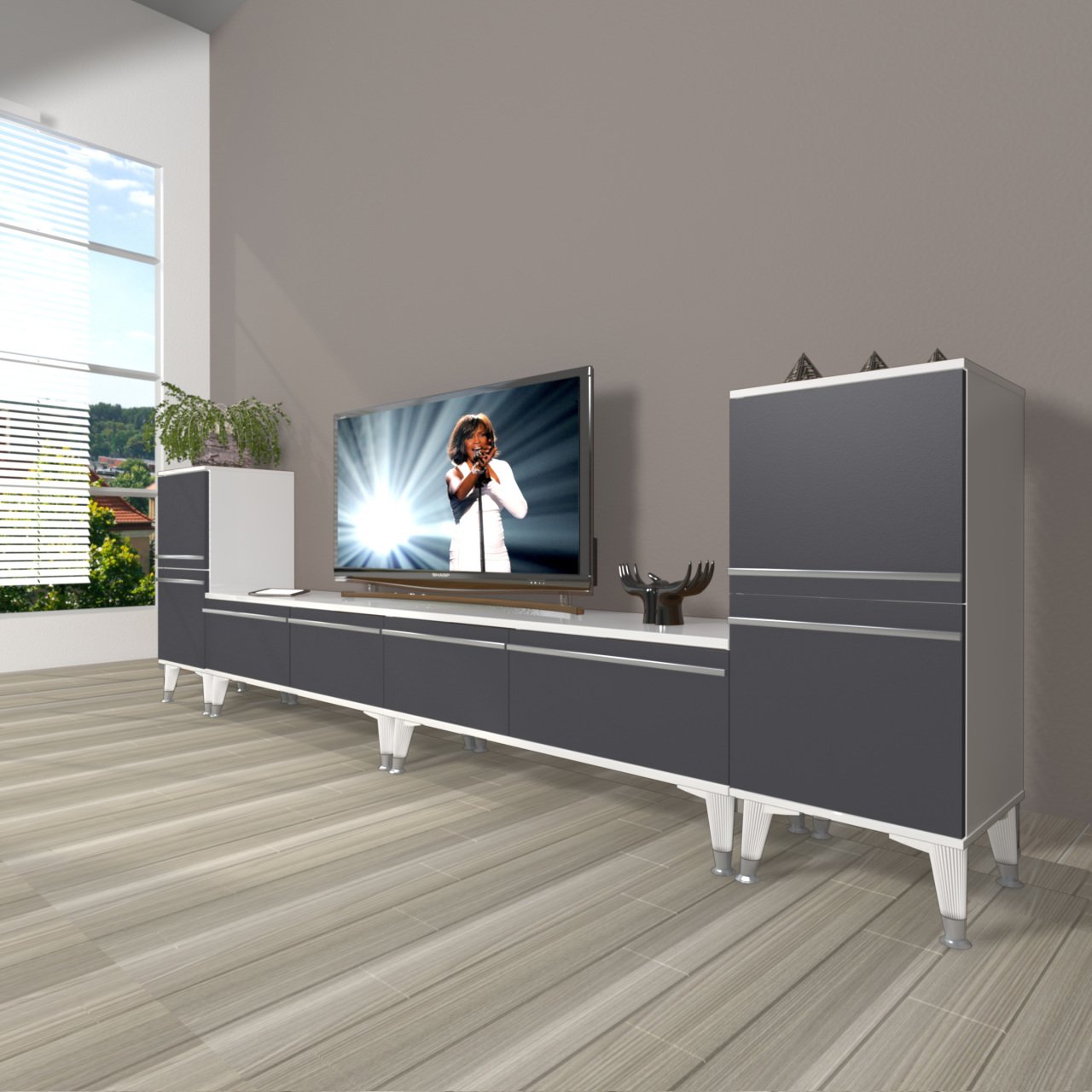 Decoraktiv Eko 9220T Mdf Silver Tv Ünitesi Tv Sehpası Beyaz - Antrasit