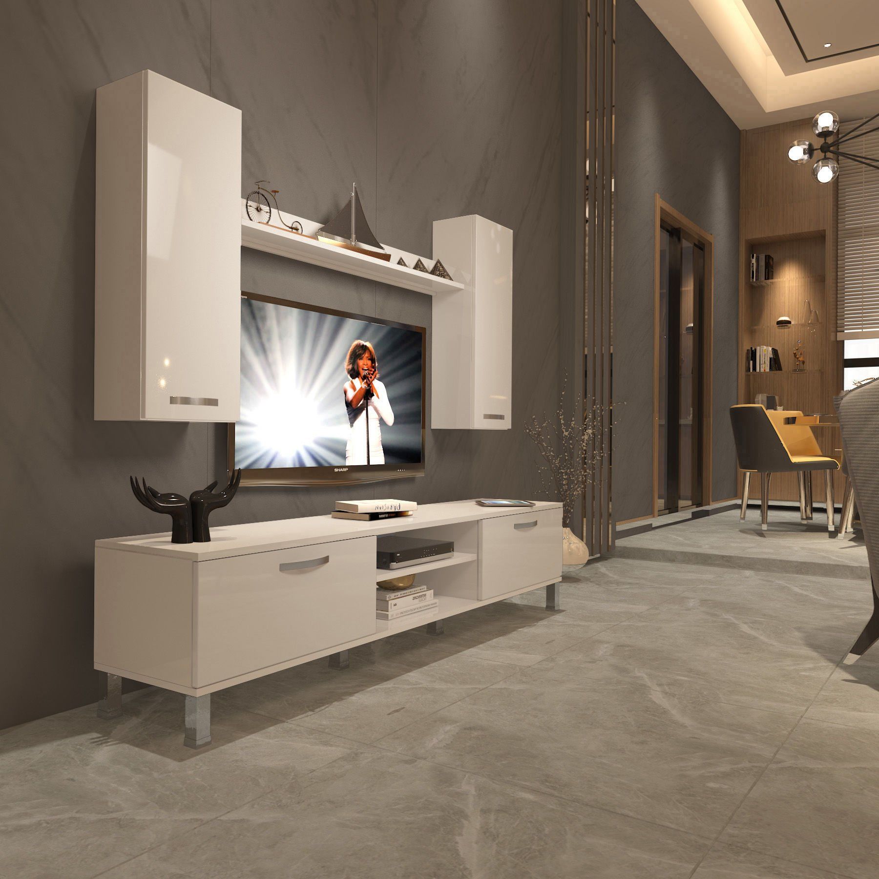 Decoraktiv Eko 7 Mdf Dvd Krom Ayaklı Tv Ünitesi Tv Sehpası Parlak Beyaz
