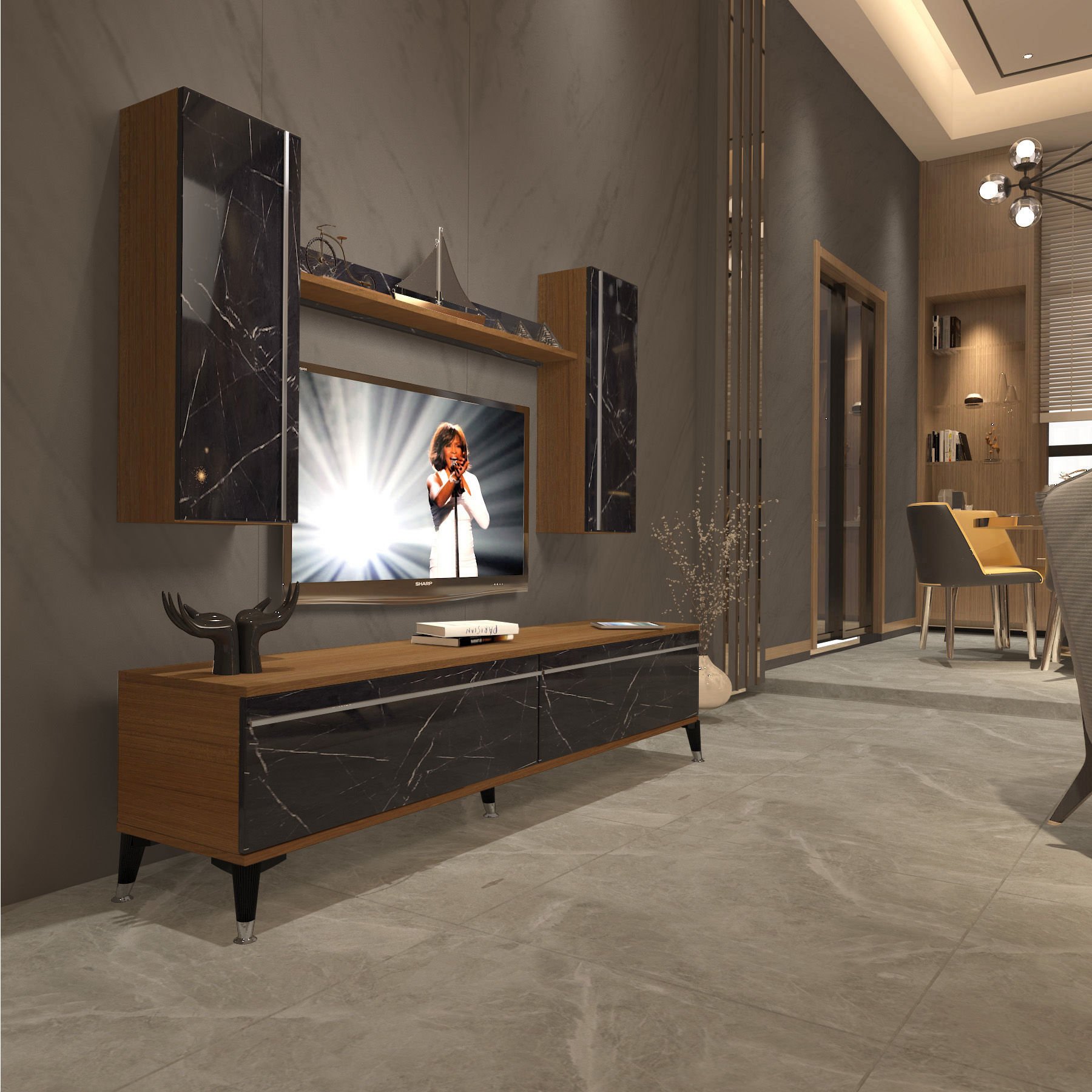Decoraktiv Eko 7 Mdf Std Silver Tv Ünitesi Tv Sehpası Ceviz - Siyah Mermer