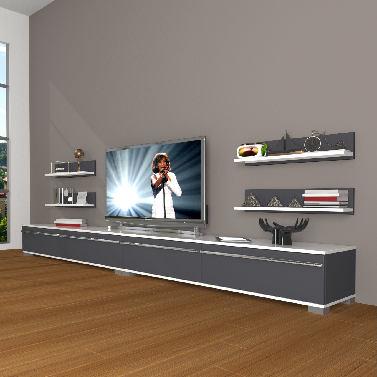 Decoraktiv Eko 360R Mdf Tv Ünitesi Tv Sehpası Beyaz - Antrasit