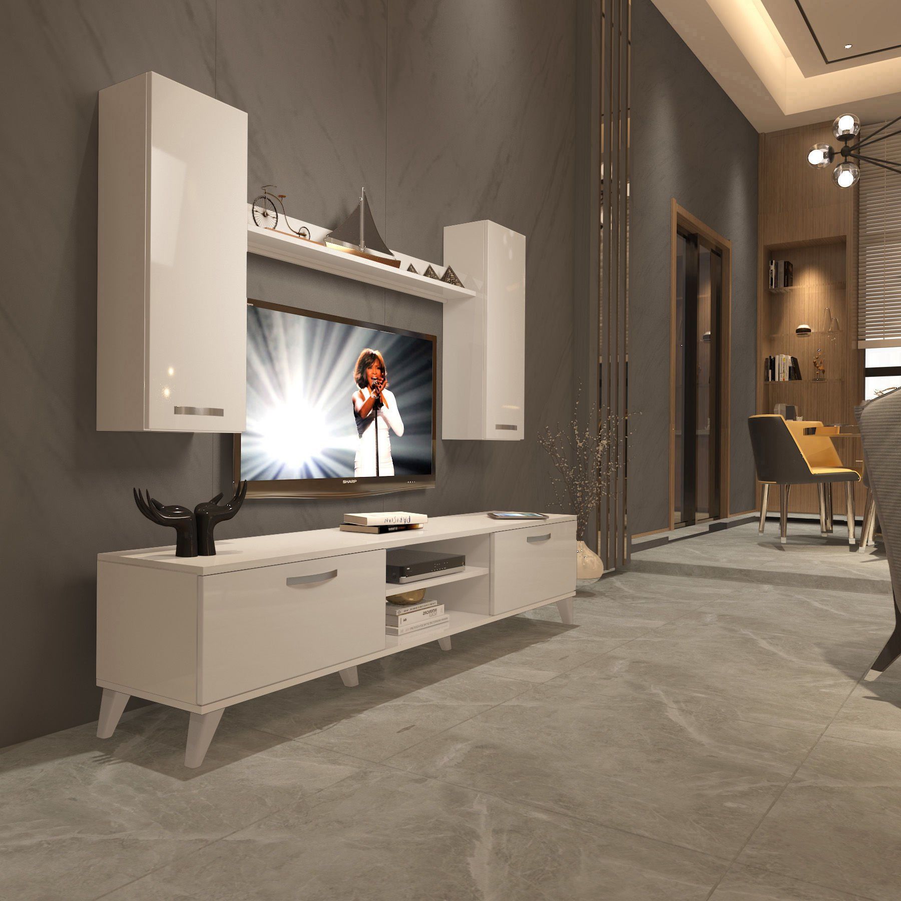 Decoraktiv Eko 7 Mdf Dvd Retro Tv Ünitesi Tv Sehpası Parlak Beyaz