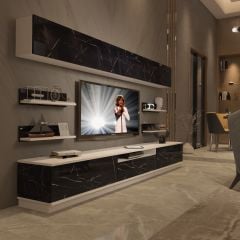 Decoraktiv Trendstyle 8YS Slm Tv Ünitesi Tv Sehpası Beyaz - Siyah Mermer