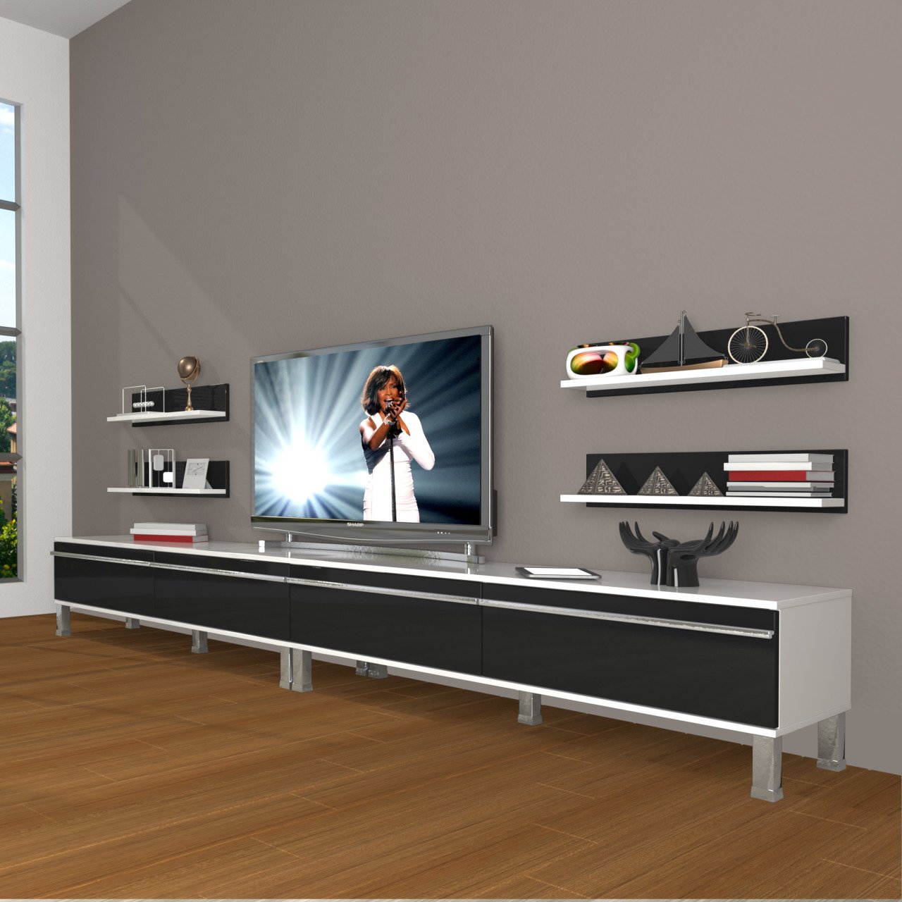 Decoraktiv Eko 360R Mdf Krom Ayaklı Tv Ünitesi Tv Sehpası Beyaz - Siyah
