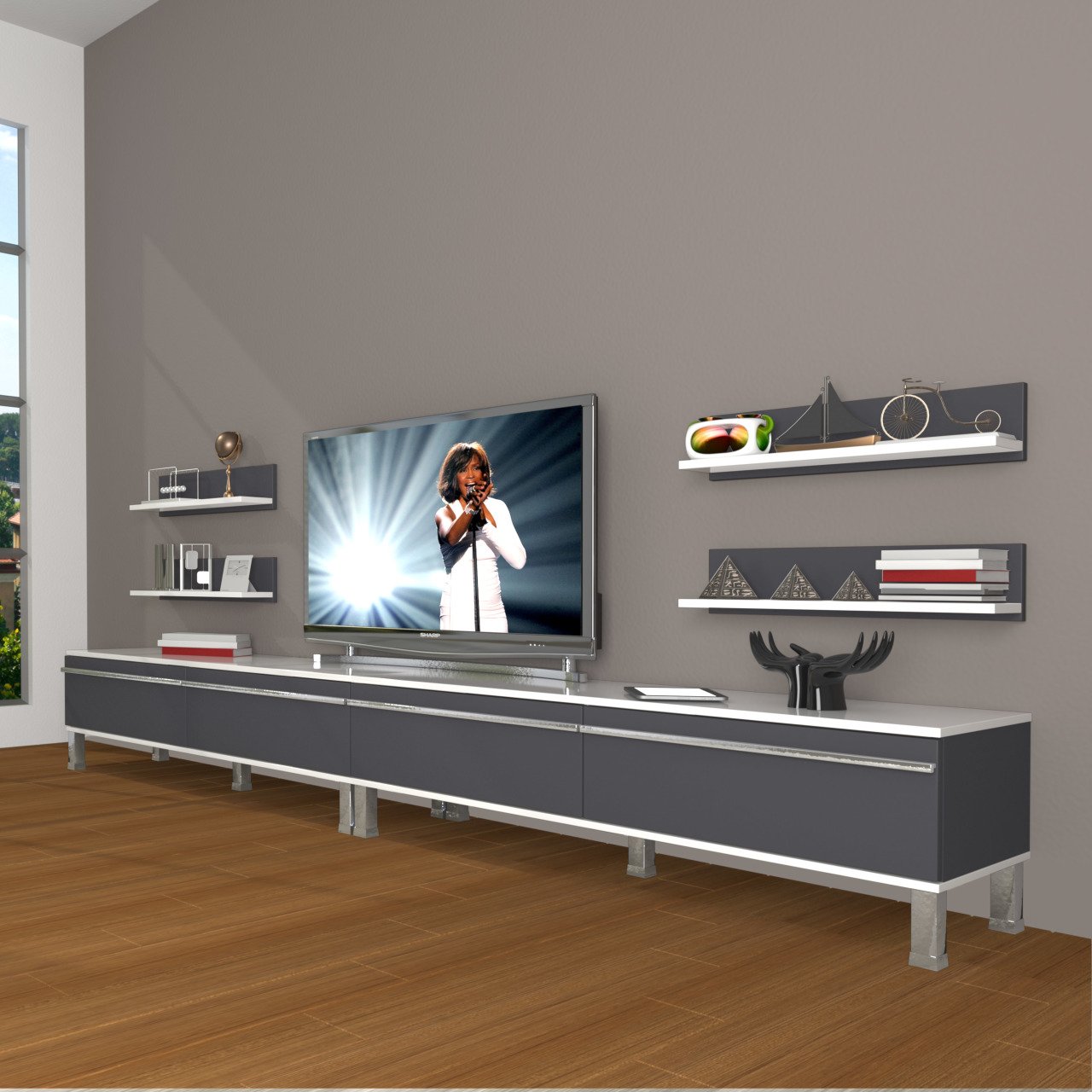 Decoraktiv Eko 360R Mdf Krom Ayaklı Tv Ünitesi Tv Sehpası Beyaz - Antrasit