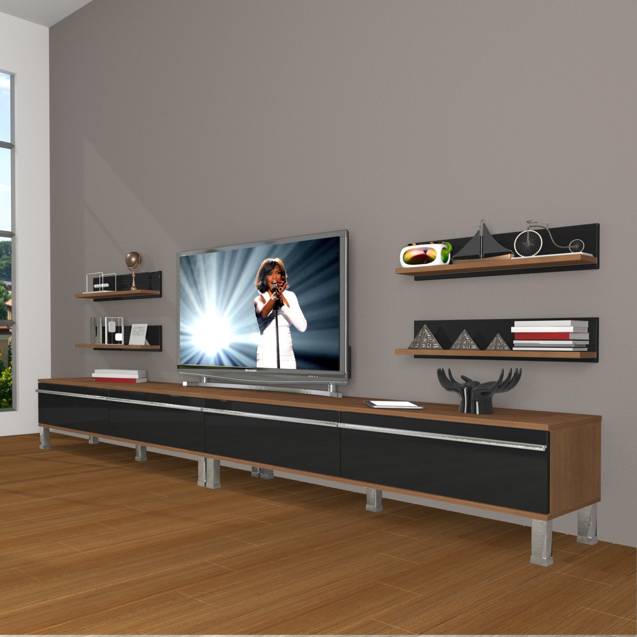 Decoraktiv Eko 360R Mdf Krom Ayaklı Tv Ünitesi Tv Sehpası Ceviz - Siyah