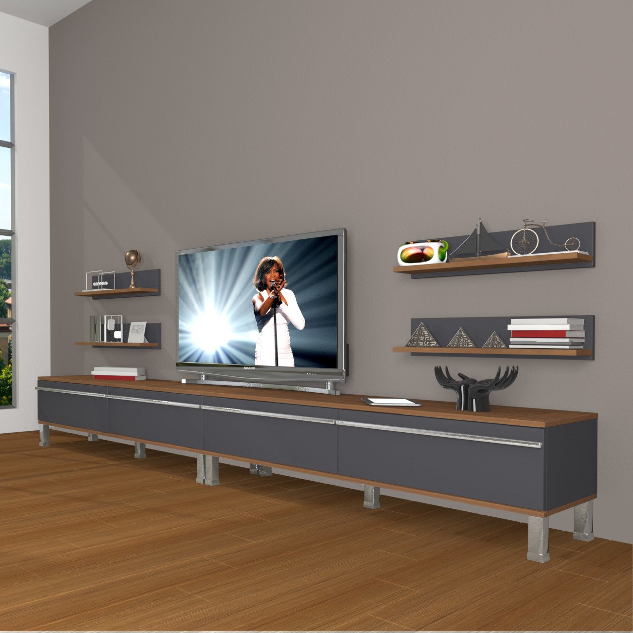 Decoraktiv Eko 360R Mdf Krom Ayaklı Tv Ünitesi Tv Sehpası Ceviz - Antrasit
