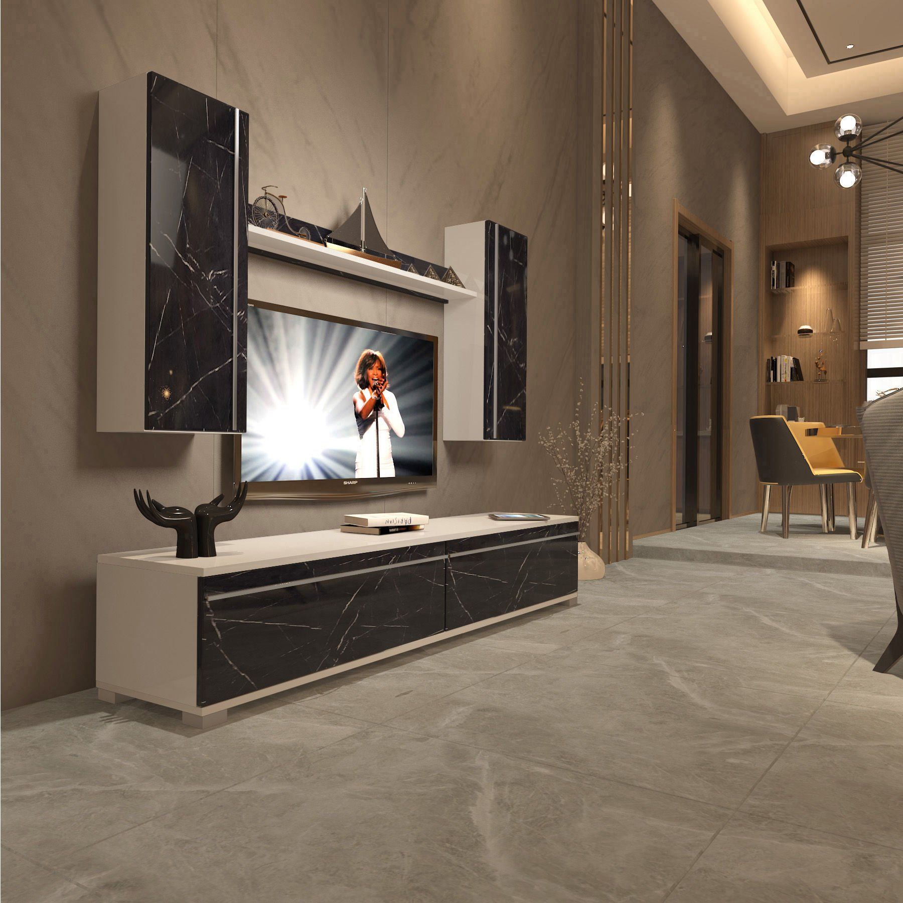Decoraktiv Eko 7 Mdf Std Tv Ünitesi Tv Sehpası Beyaz - Siyah Mermer