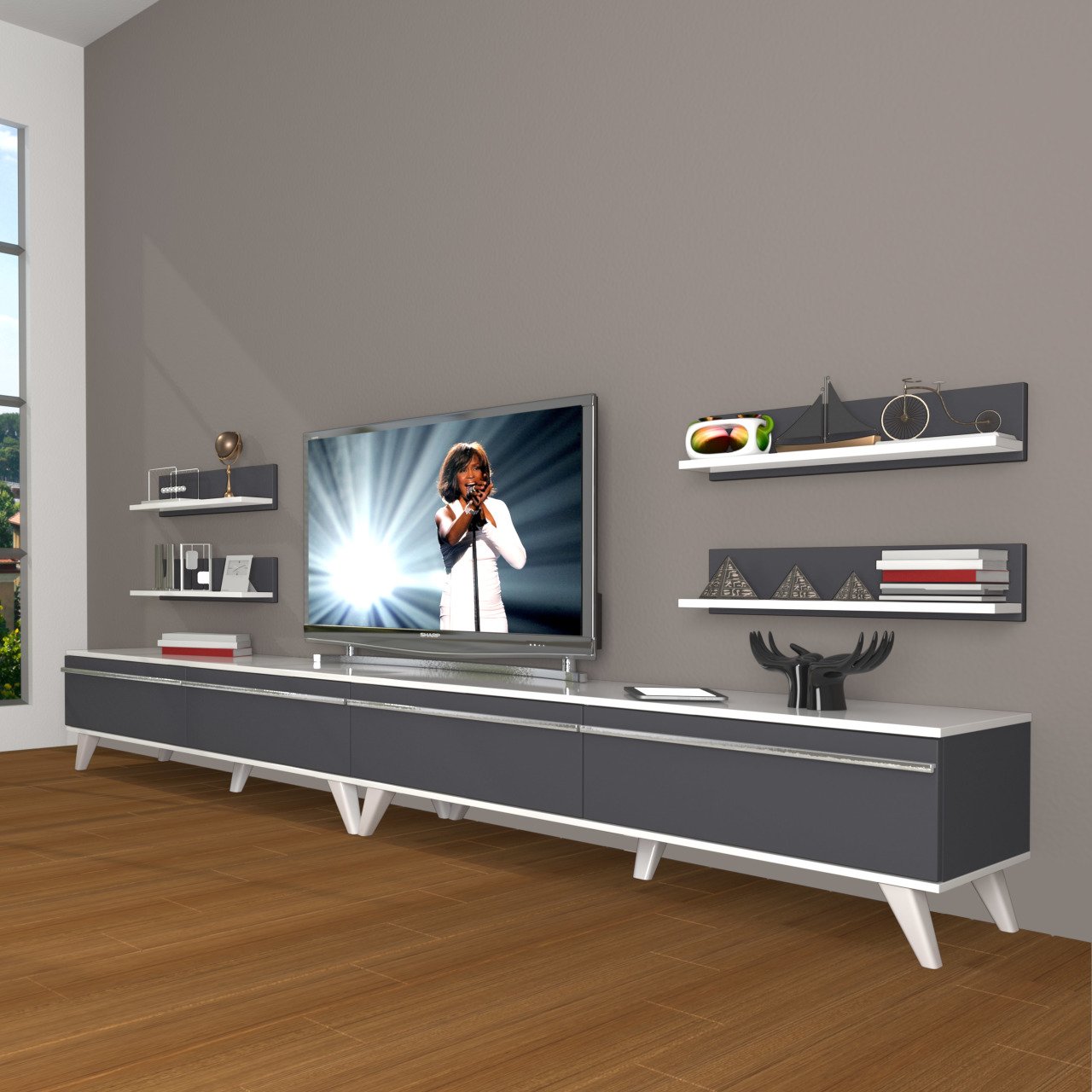 Decoraktiv Eko 360R Mdf Retro Tv Ünitesi Tv Sehpası Beyaz - Antrasit