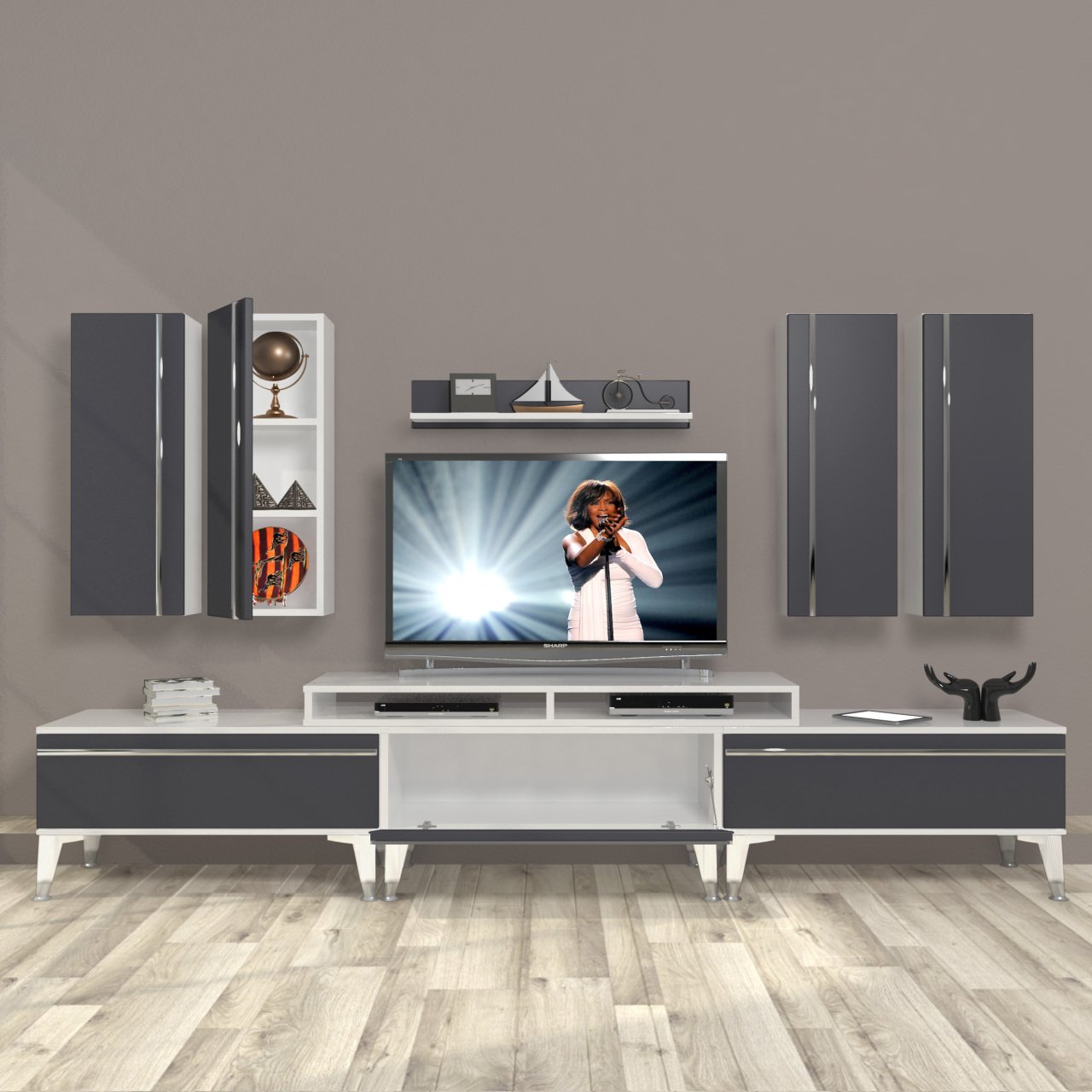 Decoraktiv Ekoflex 8D Mdf Silver Tv Ünitesi Tv Sehpası Beyaz - Antrasit