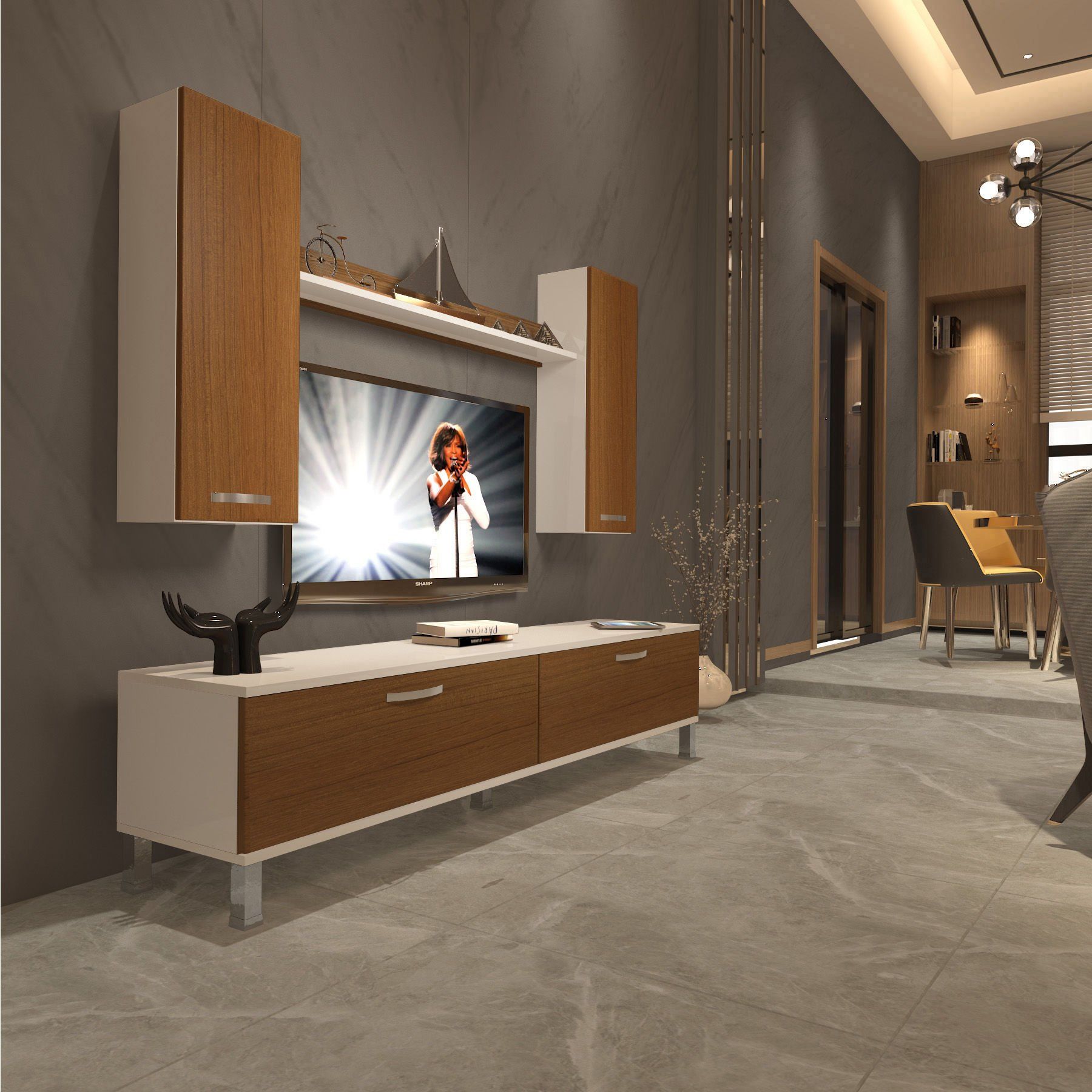 Decoraktiv Eko 7 Slm Std Krom Ayaklı Tv Ünitesi Tv Sehpası Beyaz - Ceviz