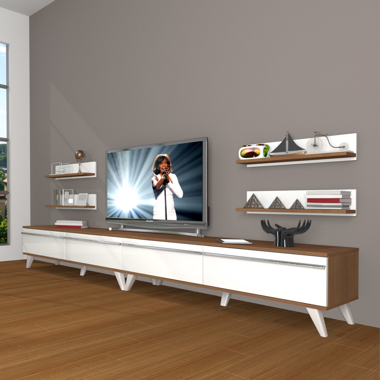 Decoraktiv Eko 360R Mdf Retro Tv Ünitesi Tv Sehpası Ceviz - Beyaz