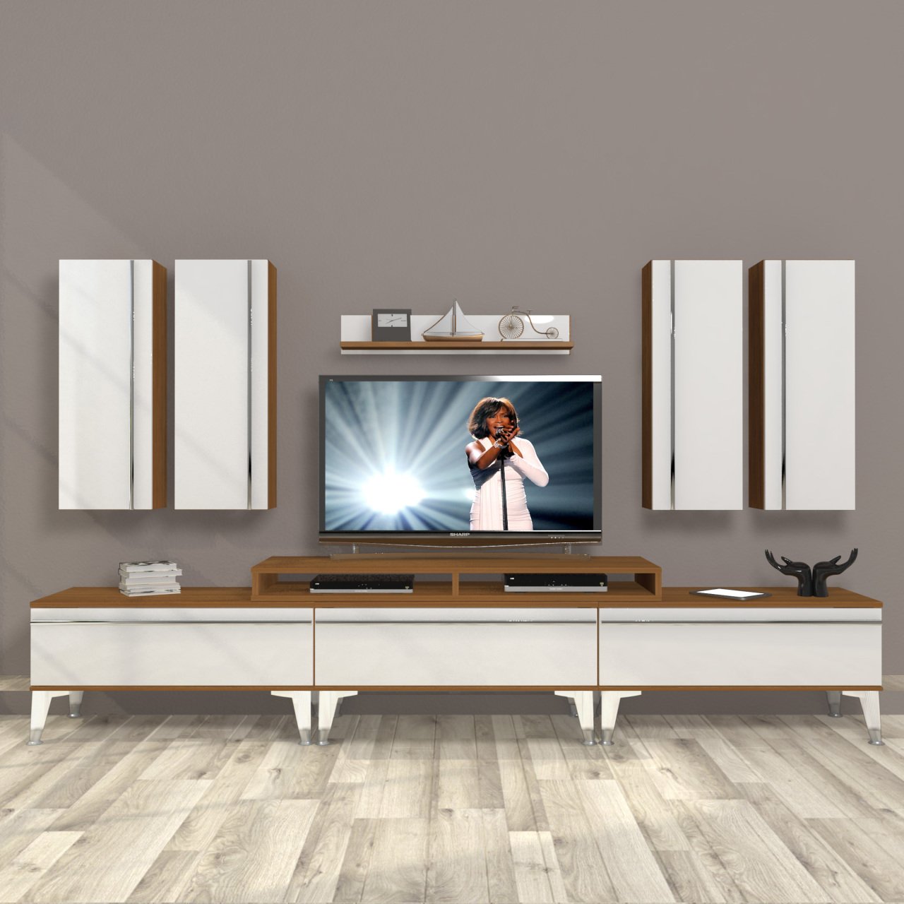 Decoraktiv Ekoflex 8D Mdf Silver Tv Ünitesi Tv Sehpası Ceviz - Beyaz