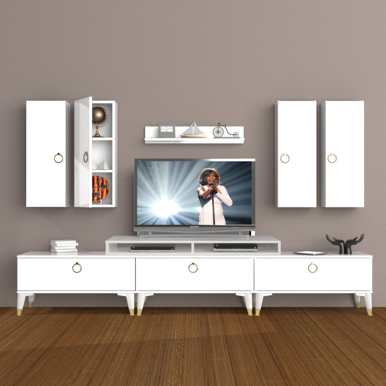 Decoraktiv Ekoflex 8D Mdf Gold Tv Ünitesi Tv Sehpası Parlak Beyaz