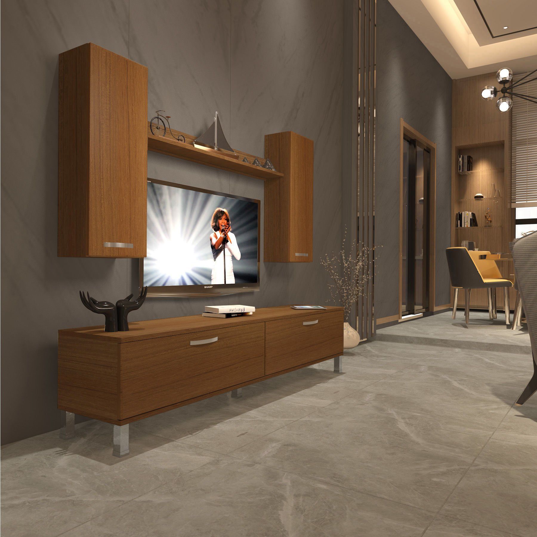 Decoraktiv Eko 7 Slm Std Krom Ayaklı Tv Ünitesi Tv Sehpası Ceviz