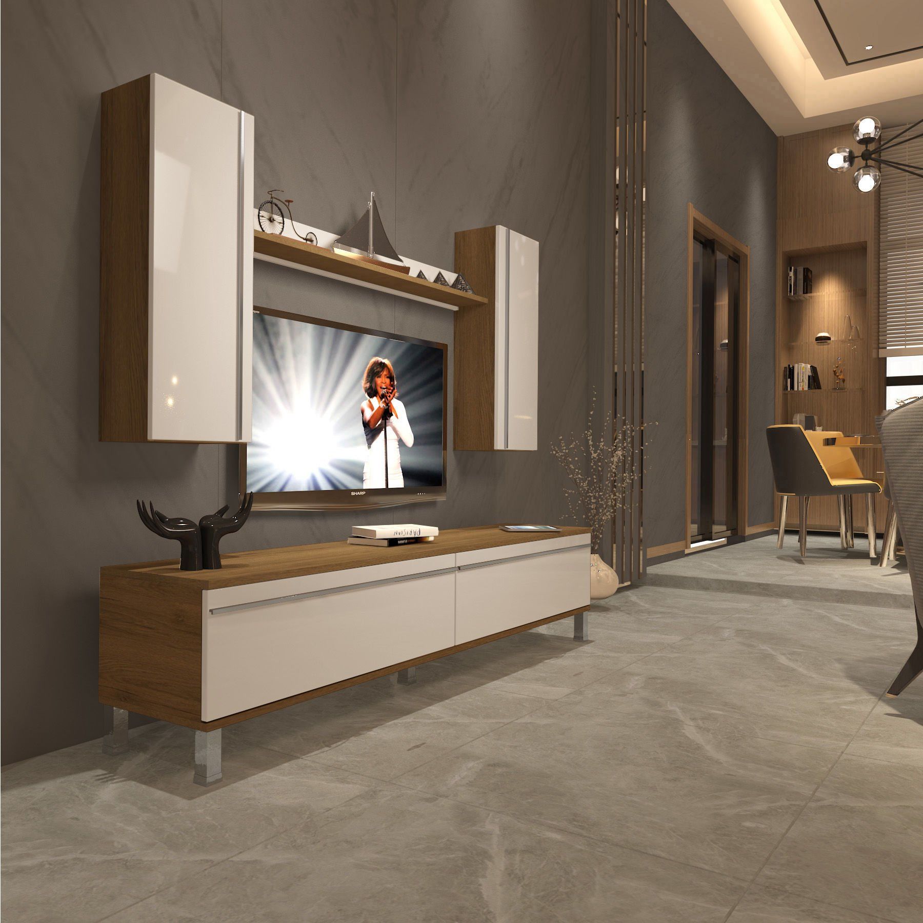 Decoraktiv Eko 7 Mdf Std Krom Ayaklı Tv Ünitesi Tv Sehpası Pera - Beyaz