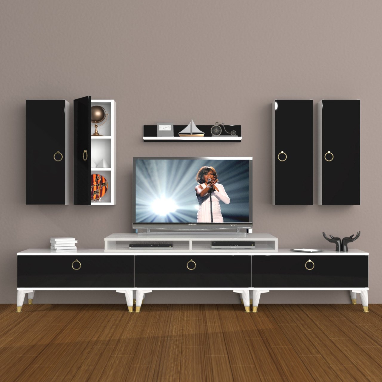 Decoraktiv Ekoflex 8D Mdf Gold Tv Ünitesi Tv Sehpası Beyaz - Siyah
