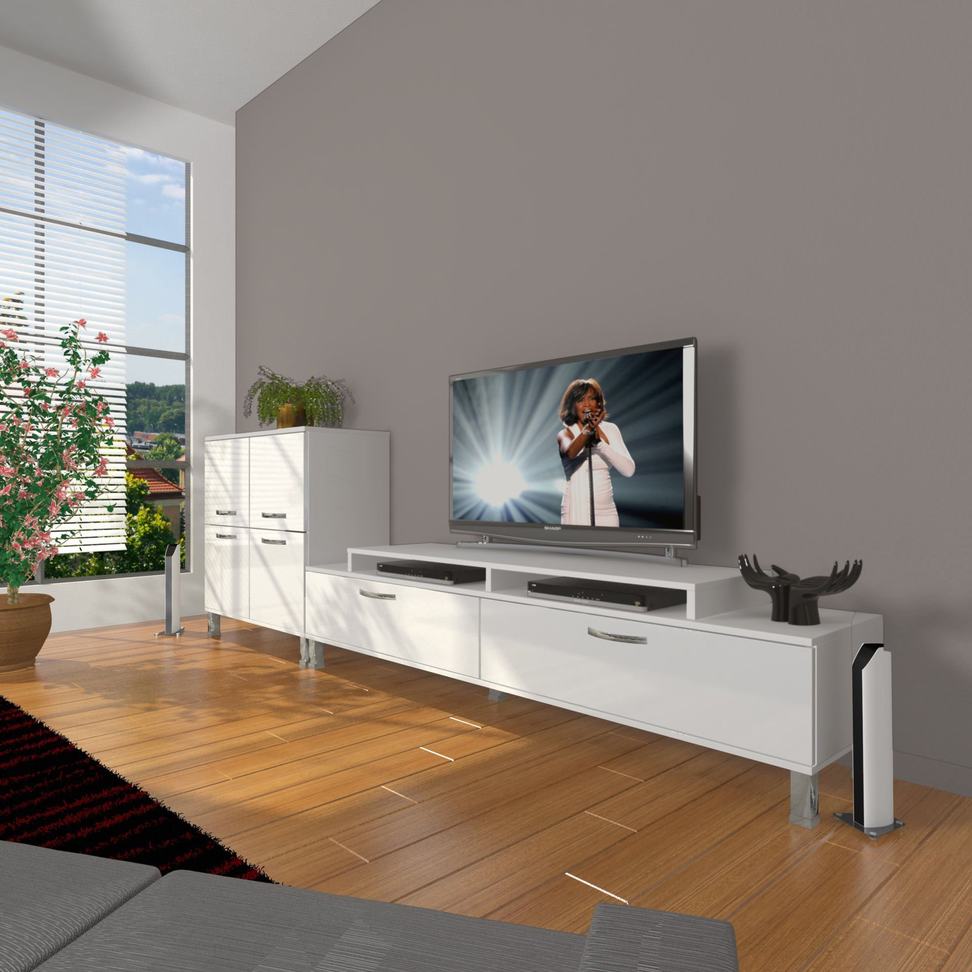 Decoraktiv Ekoflex On Slm Krom Ayaklı Tv Ünitesi Tv Sehpası Parlak Beyaz