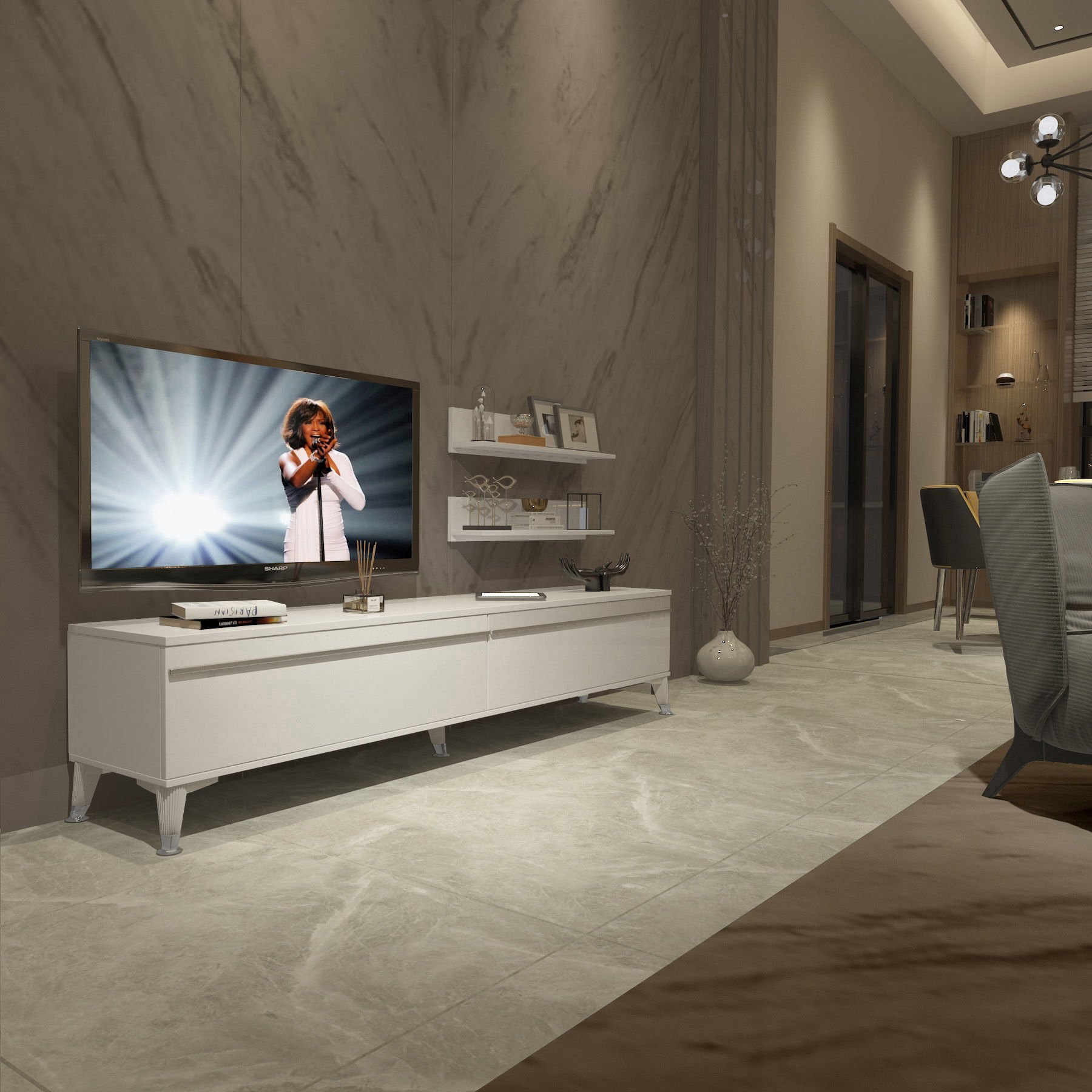 Decoraktiv Eko 4 Mdf Std Silver Tv Ünitesi Tv Sehpası Parlak Beyaz