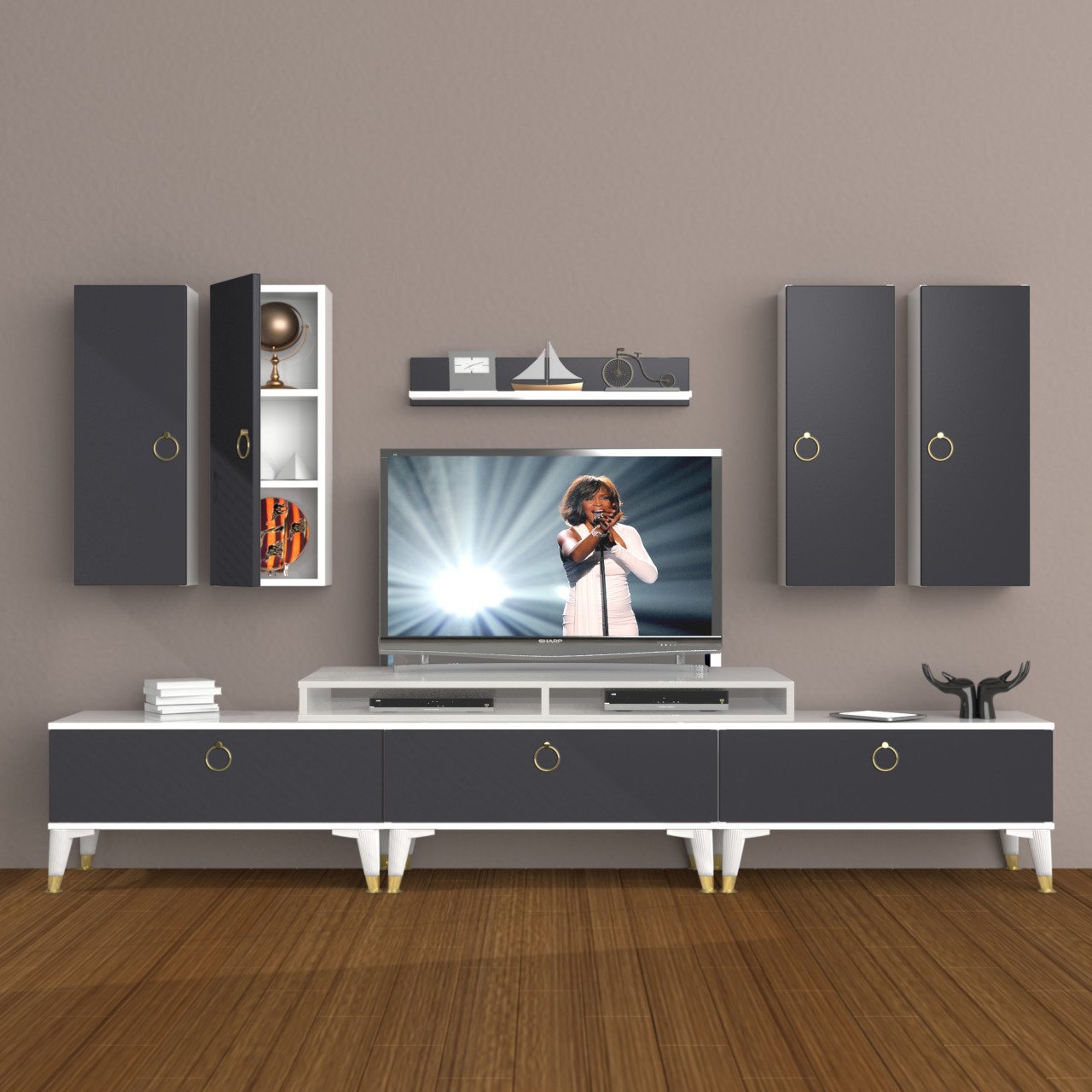 Decoraktiv Ekoflex 8D Mdf Gold Tv Ünitesi Tv Sehpası Beyaz - Antrasit