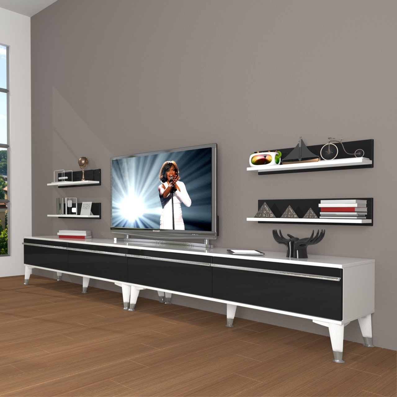 Decoraktiv Eko 360R Mdf Silver Tv Ünitesi Tv Sehpası Beyaz - Siyah