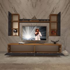 Decoraktiv Eko 7 Mdf Std Krom Ayaklı Tv Ünitesi Tv Sehpası Ceviz - Siyah Mermer