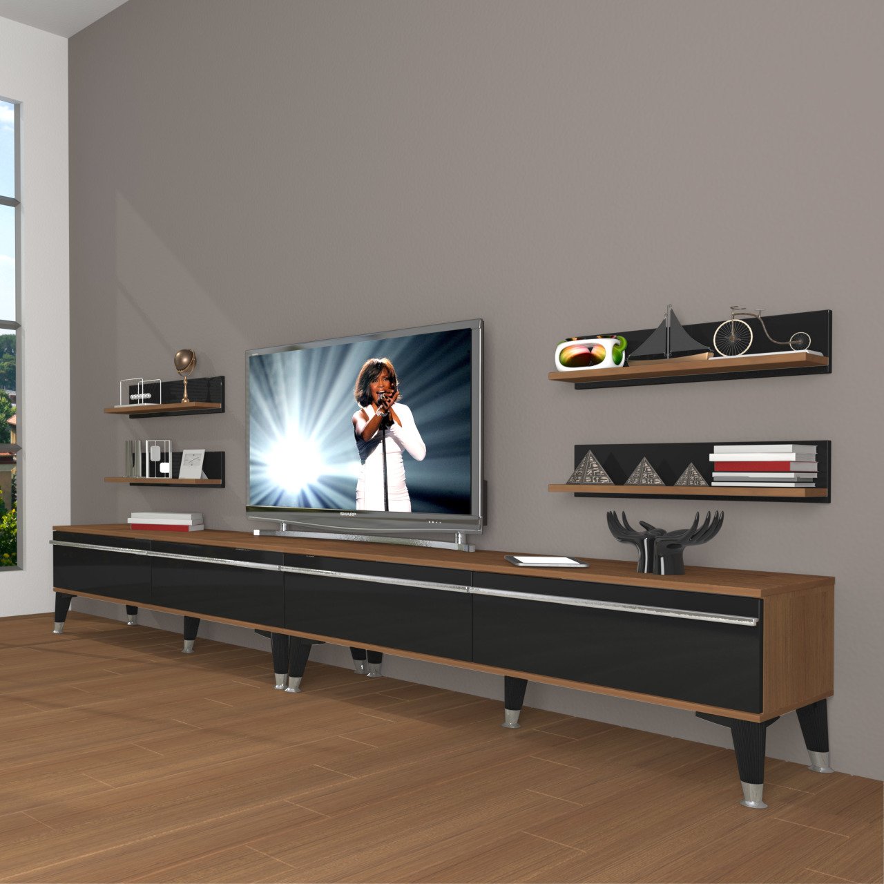Decoraktiv Eko 360R Mdf Silver Tv Ünitesi Tv Sehpası Ceviz - Siyah