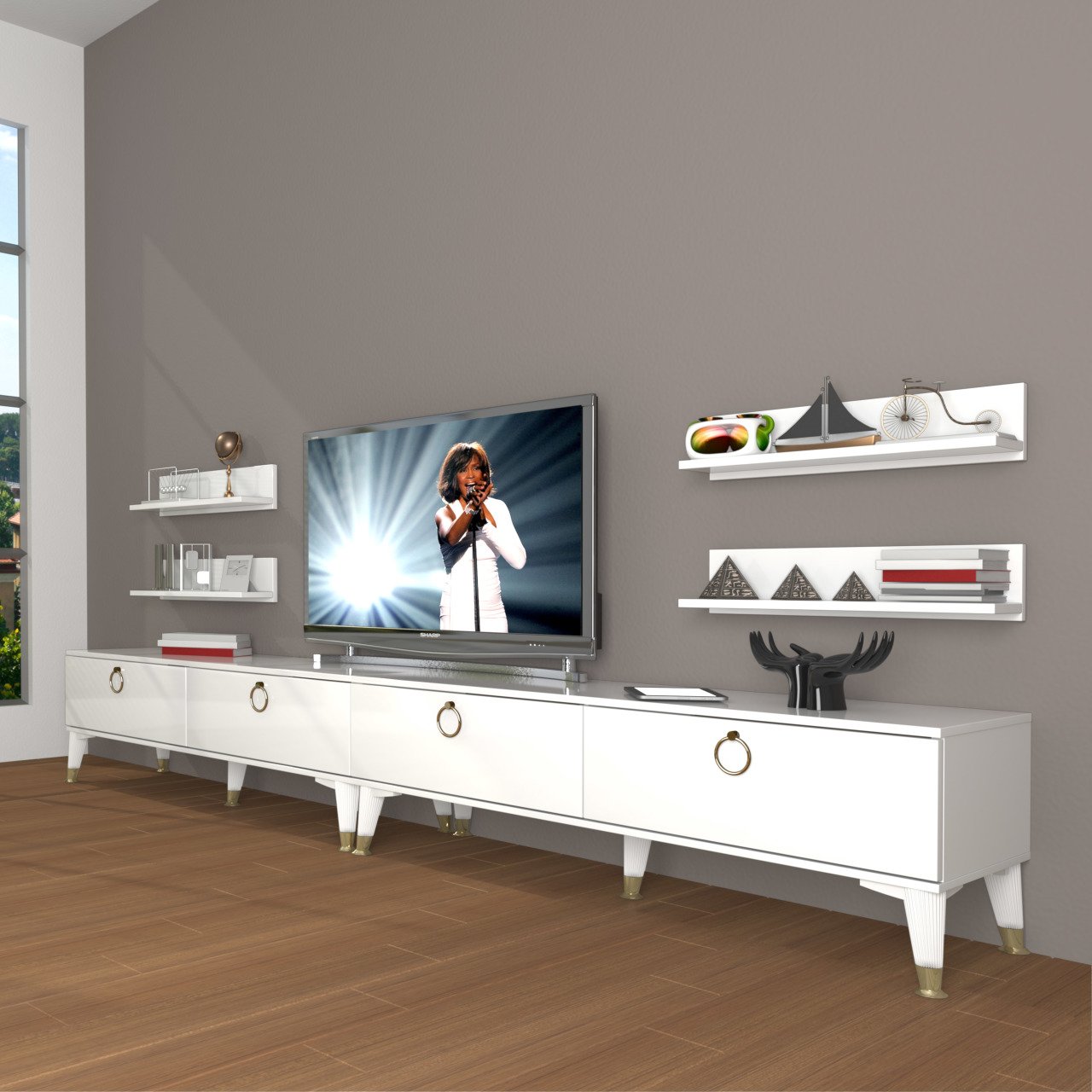 Decoraktiv Eko 360R Mdf Gold Tv Ünitesi Tv Sehpası Parlak Beyaz
