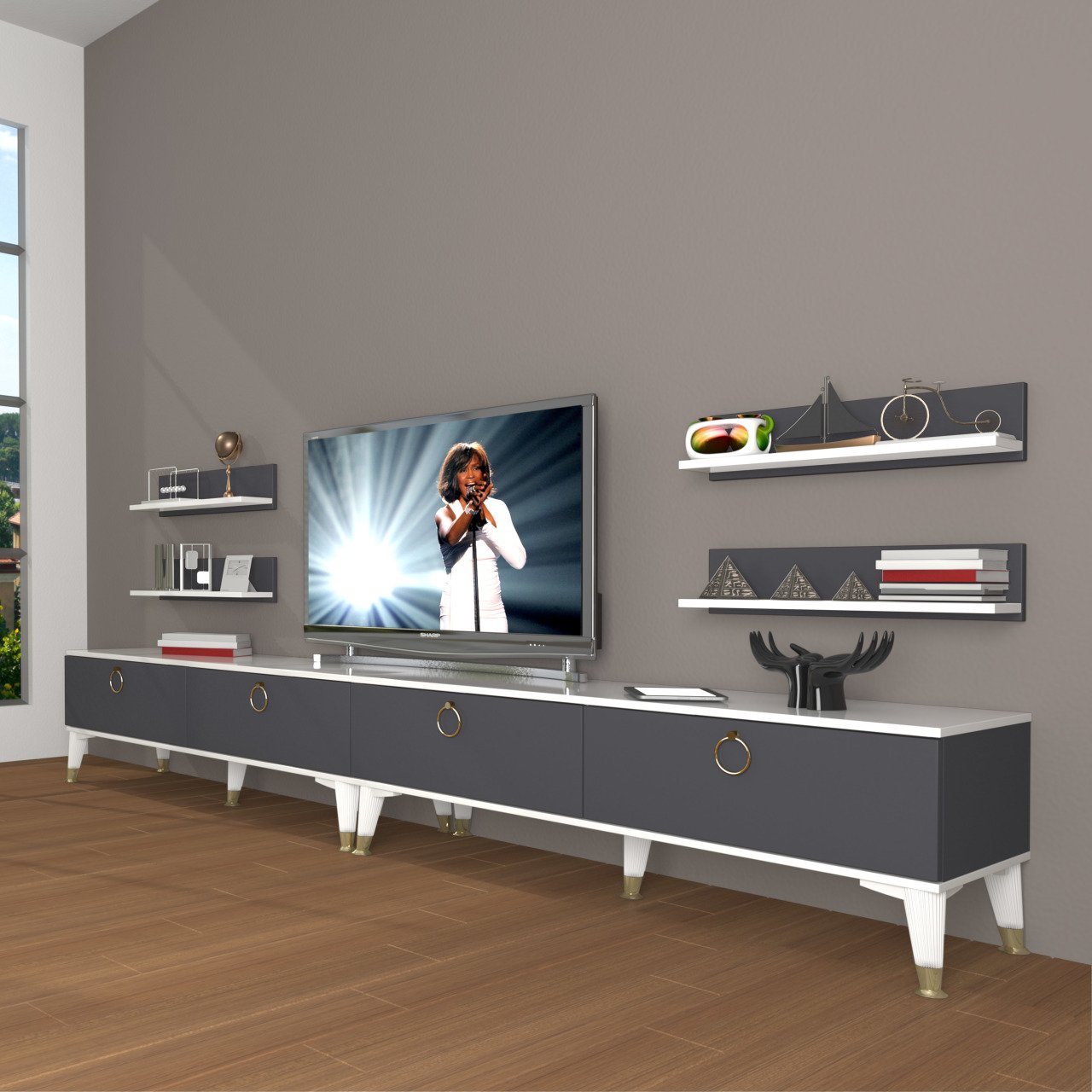 Decoraktiv Eko 360R Mdf Gold Tv Ünitesi Tv Sehpası Beyaz - Antrasit