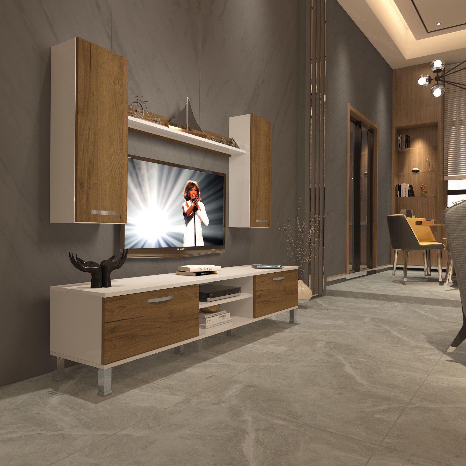 Decoraktiv Eko 7 Mdf Dvd Krom Ayaklı Tv Ünitesi Tv Sehpası Beyaz - Pera